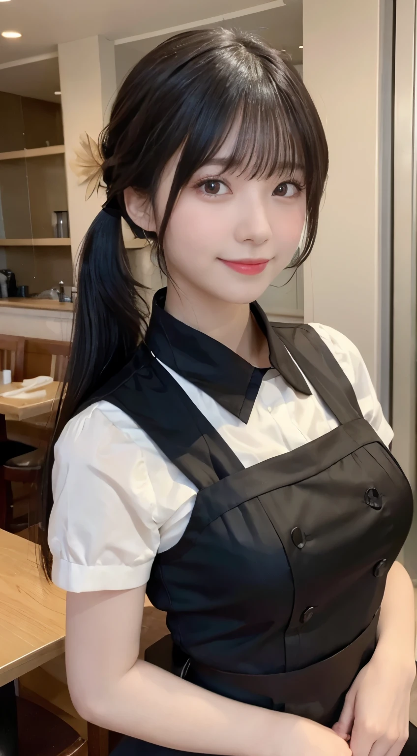 (highest quality,masterpiece:1.3,ultra high resolution,),(Super detailed,caustics),(Photoreal:1.4,RAW shooting,)ultra-realistic capture,very detailed,High resolution 16K human skin close-up。 natural skin texture、,The pores are、、、、Must be detailed enough to be easily identified。 Skin should look even-toned and healthy。 Use natural light and color,restaurant,waitress uniform,1 girl,Japanese,18-year-old,cute,black haired,ponytail,big breasts,smile,turn your body forward,(Front view:1.1),look at the camera,cowboy shot,
