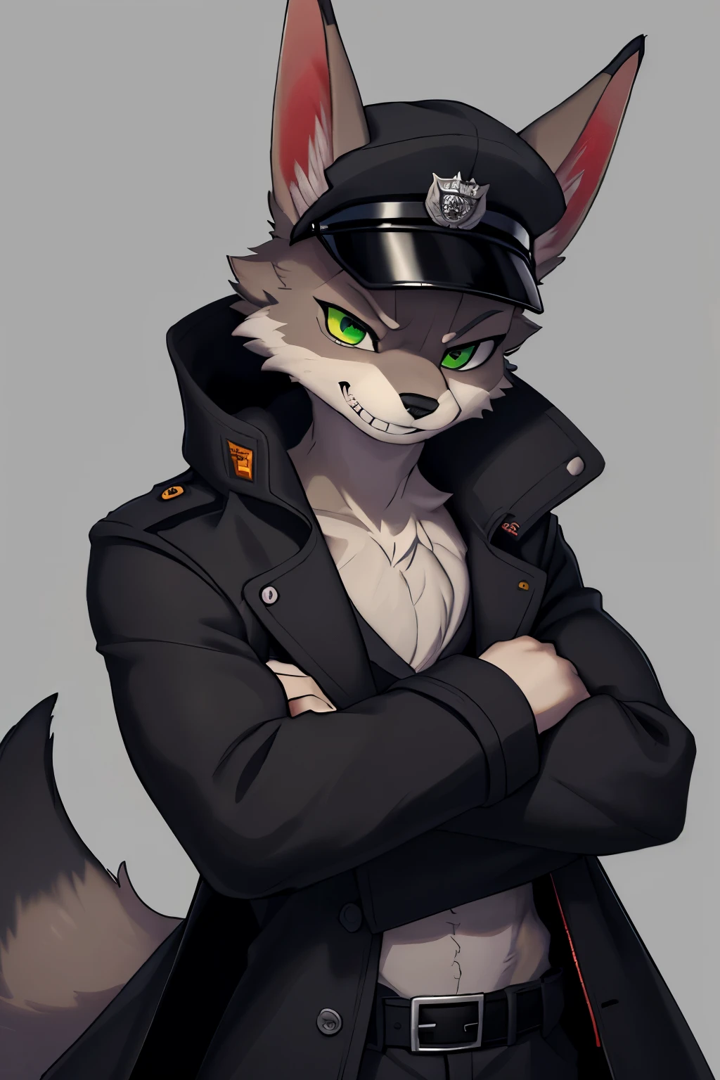 (high-res masterpiece)) , ((best quality)), illustration, furry,
jackal, animal ears, tail, bodyfur, black fur, 1man, adult man, upper body, 1man solo *//*, green eyes, *//*, dark grey officer trench coat, looking at viewer, toothy grin, dark grey officer hat, red stripe on right bicep