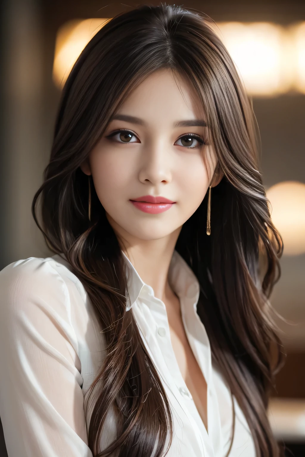 table top, highest quality, realistic, Super detailed, finely, High resolution, 8k wallpaper, 1 beautiful woman,, light brown messy hair, wearing a business suit, sharp focus, perfect dynamic composition, beautiful and detailed eyes, thin hair, Detailed realistic skin texture, smile, close-up portrait, model body shape