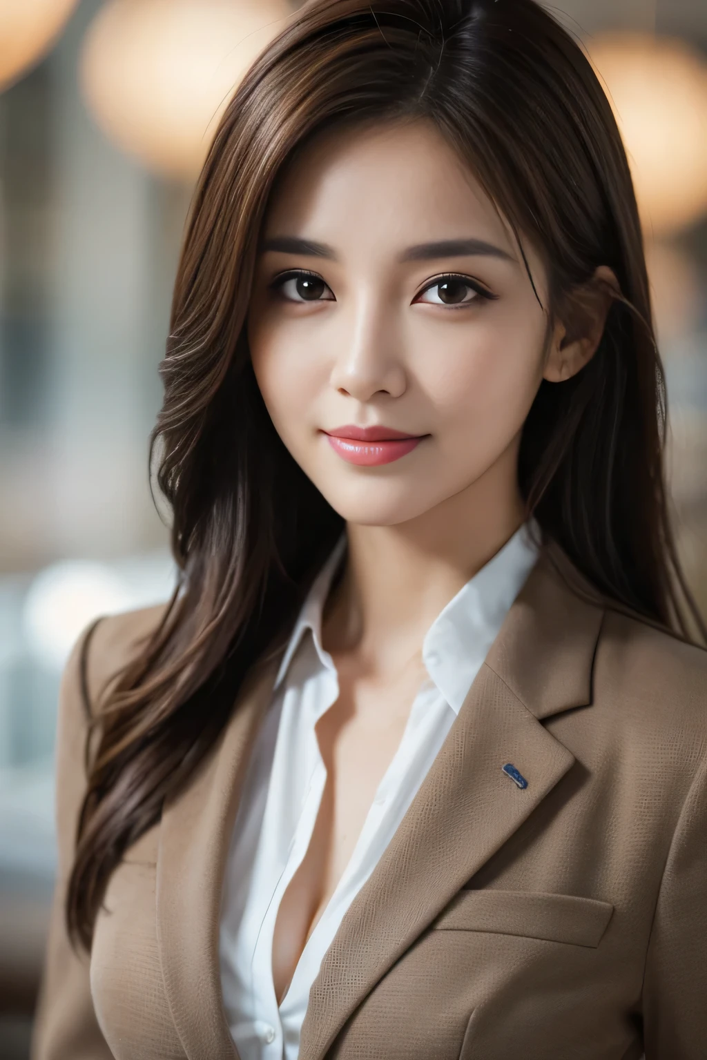 table top, highest quality, realistic, Super detailed, finely, High resolution, 8k wallpaper, 1 beautiful woman,, light brown messy hair, wearing a business suit, sharp focus, perfect dynamic composition, beautiful and detailed eyes, thin hair, Detailed realistic skin texture, smile, close-up portrait, model body shape