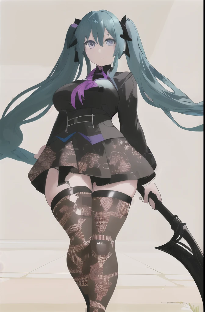 Girl with purple long twintail hair and teal color eyes.  Dressed in brown stockings with a printed pattern. She holds a scythe in her hands. It has tight thighs and a plump butt. 