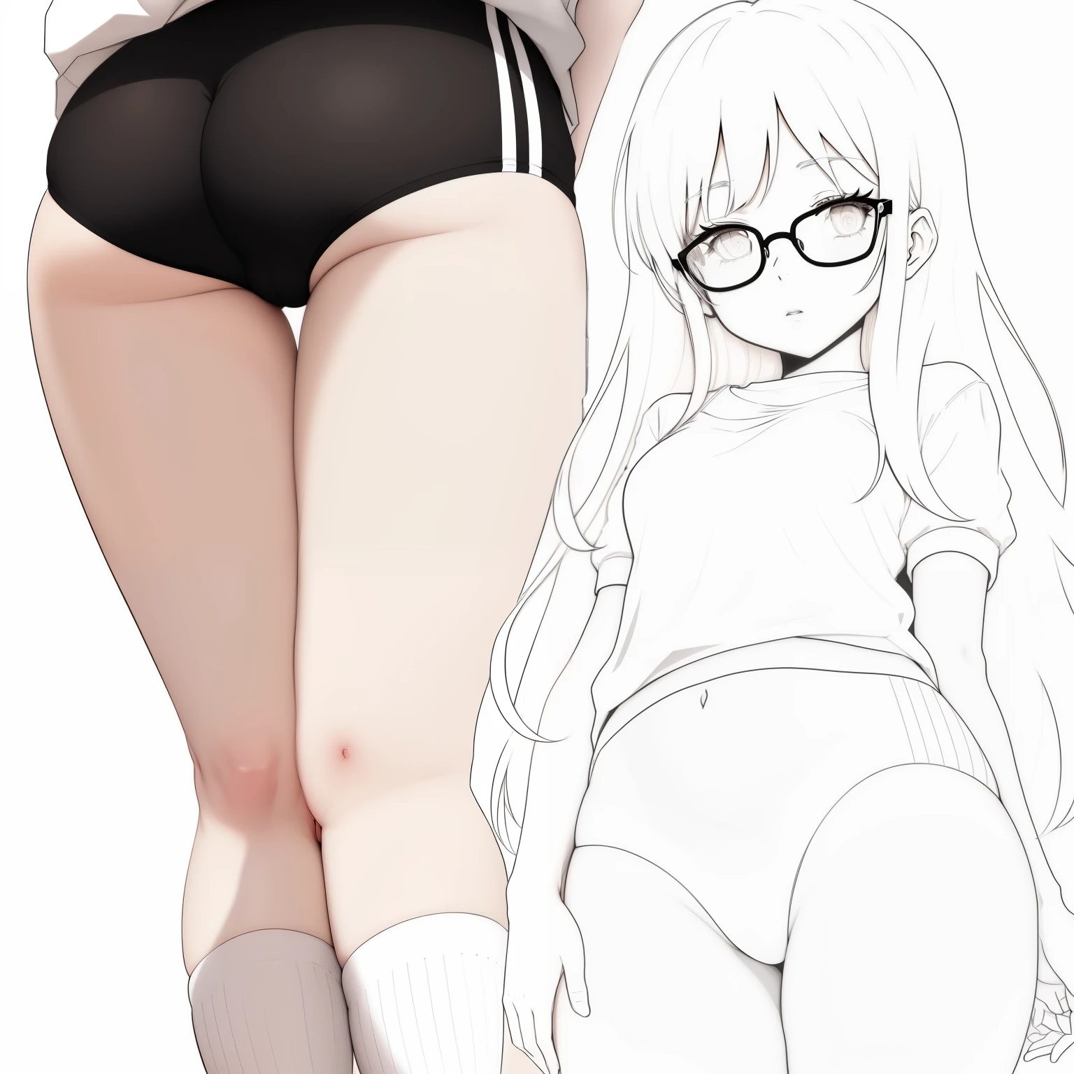 anime girl in black and white panties and glasses leaning against a wall, thick outline, thighs!!!, bare thighs, thighs!!!!!!, clean anime outlines, thick black lineart, flat anime style shading, thick lineart, bare thighs!!!, thighs, thick outlines, thighs focus, cel shaded anime, large thighs,  , ecchi anime style