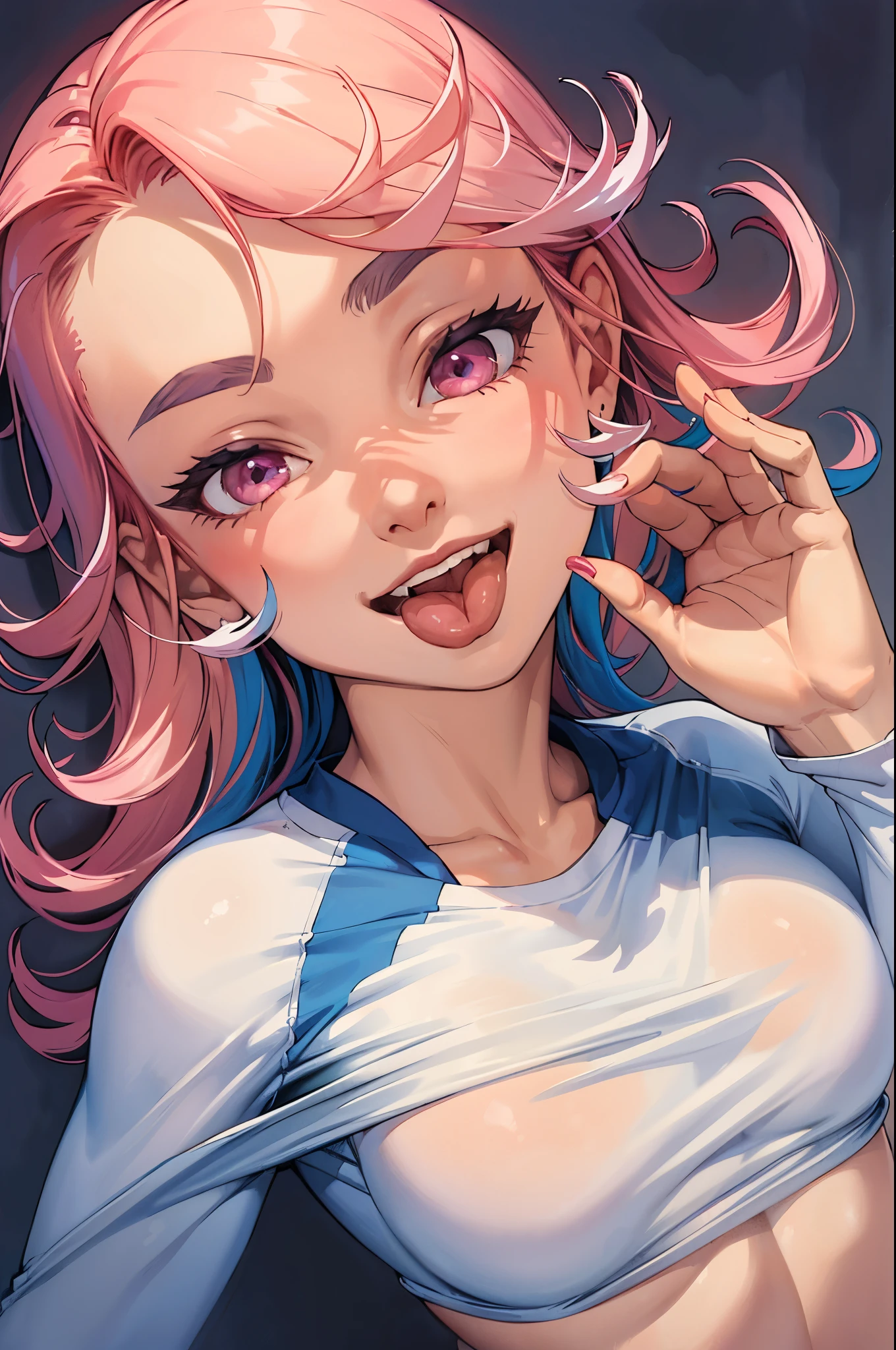 (masterpiece, best quality), 1girl, beautiful face, gwendolyn_tennyson, breasts, (1girl, solo:1.3),, blank background,, nude, medium shot, upper body, detailed face,smile, open mouth, long sleeves, raglan sleeves, ,multicolored shirt, tongue out, graphic shirt,