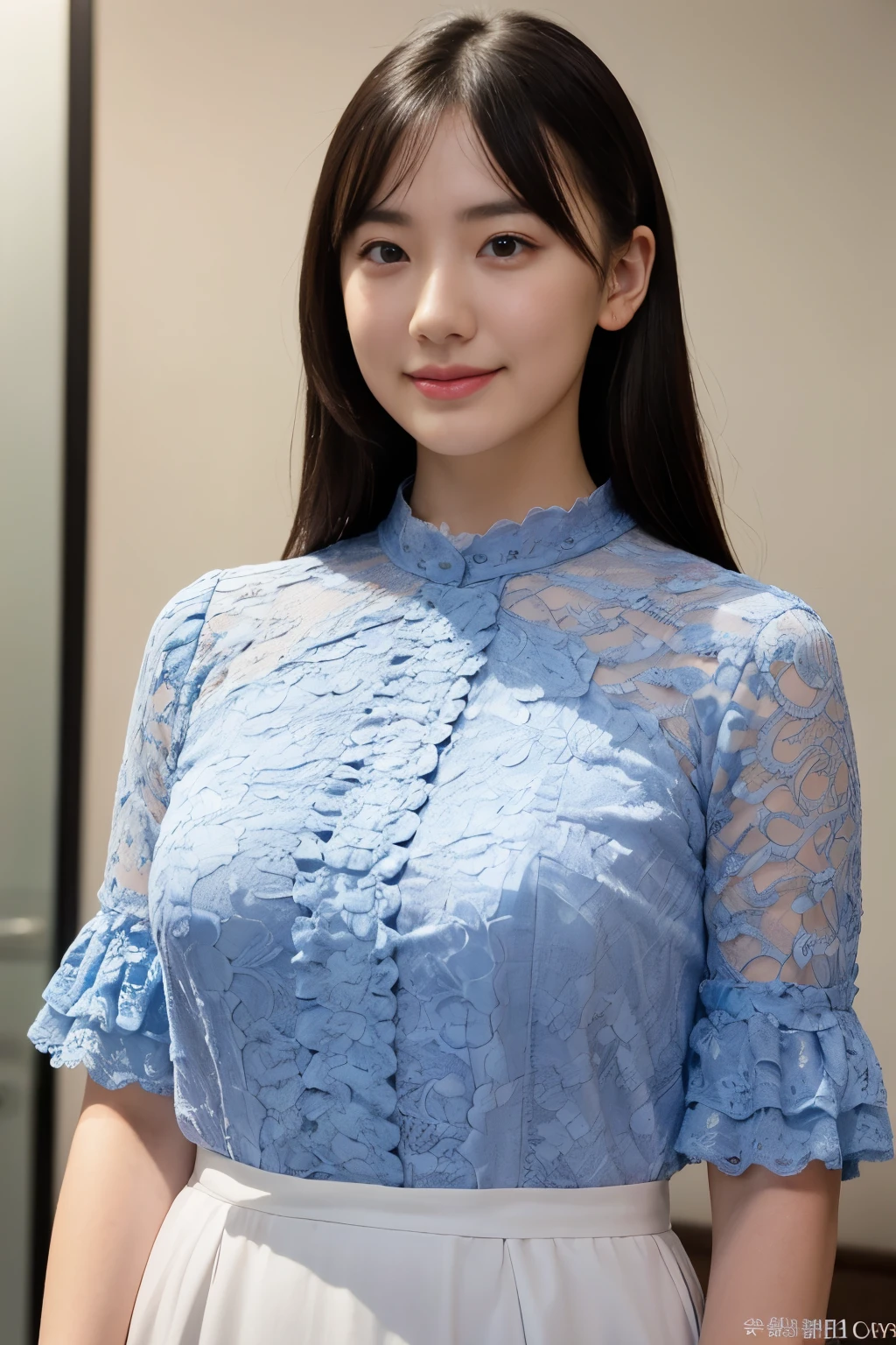 mature woman、adult woman、lace costume woman、Costume with large open chest、Clothes that expose the belly button、costume with upper and lower parts、High quality full body portrait、big breasts、realistic、8K、highest quality、very high resolution、The background is a blurred gray、glamorous、coquettish expression、smile seductively、beautiful seductive face、highly detailed eyes、intimate face、Super detailed skin texture、white skin、perfect hands、perfect proportionoist skin、Elegant face、light brown hair color、random hairstyles、