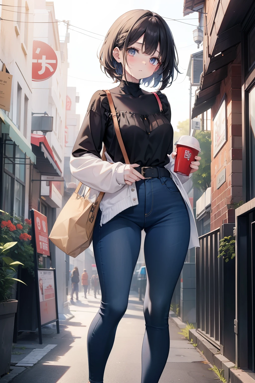 In this captivating anime-style image, a young girl, named Uma, is depicted in a full-bodied portrait. She wears a high-necked black blouse that accentuates her delicate neckline and collarbones. The tight jeans she dons hug her curves in all the right places, adding to her feminine appeal. On her feet, she wears a pair of canvas sneakers, adding a casual touch to her outfit.
Her face is flushed with embarrassment as she clutches a large soup cup with both hands. Her rosy cheeks contrast beautifully with her pale complexion. Her hair, a mess of black and white painted strands, cascades over