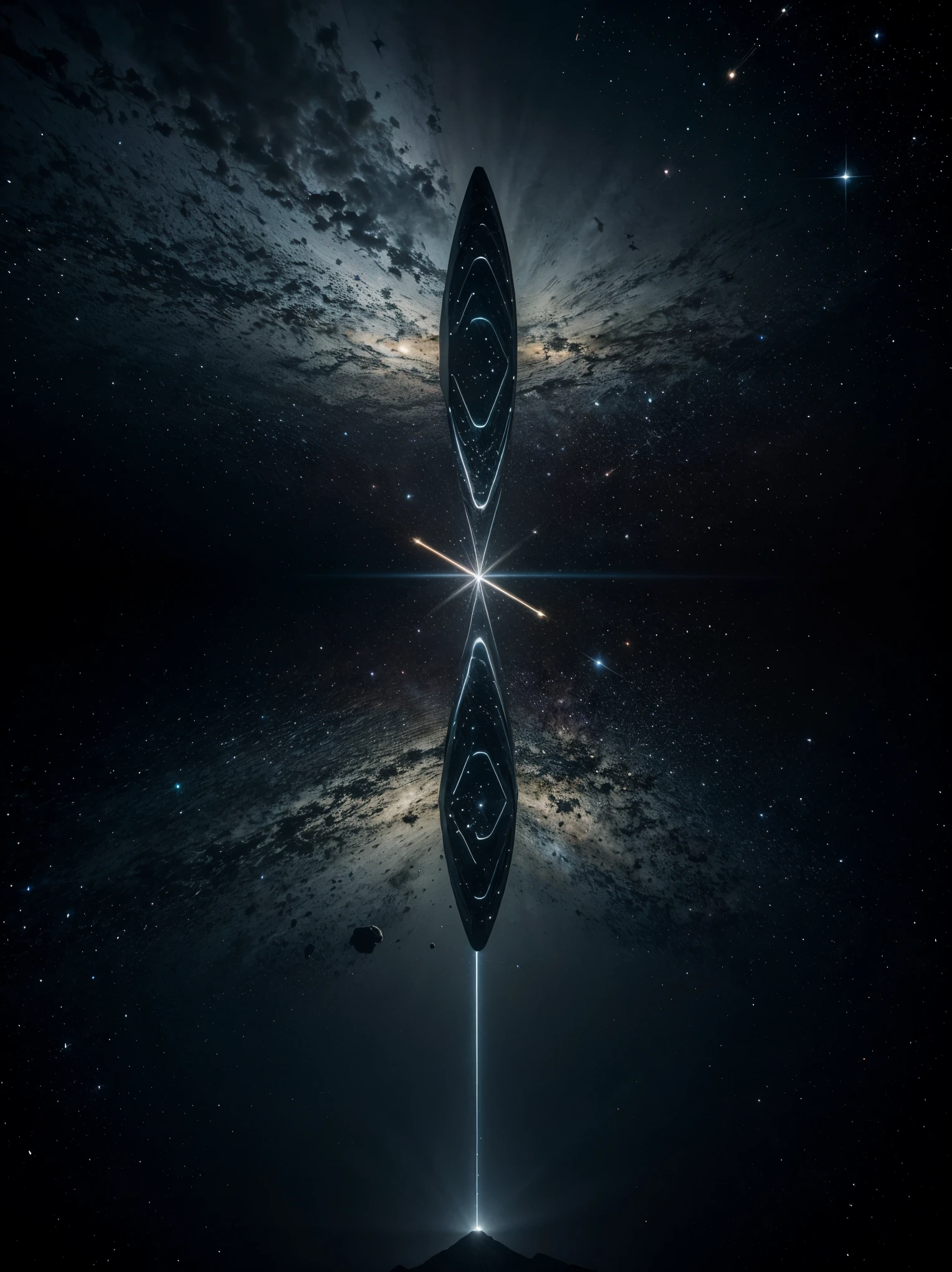 A Space Vacuum NFT that shows the stars making a cross sign, In the middle of a darkness that seems mesmerized by this image, it seems that on one side it will go out when you look at it more, but fascinated by it, it creates fluid and vibrant patterns that seem to pulsate with cosmic energy.. The scene is complemented by a lush landscape, adding a sense of serenity and wonder to the composition.