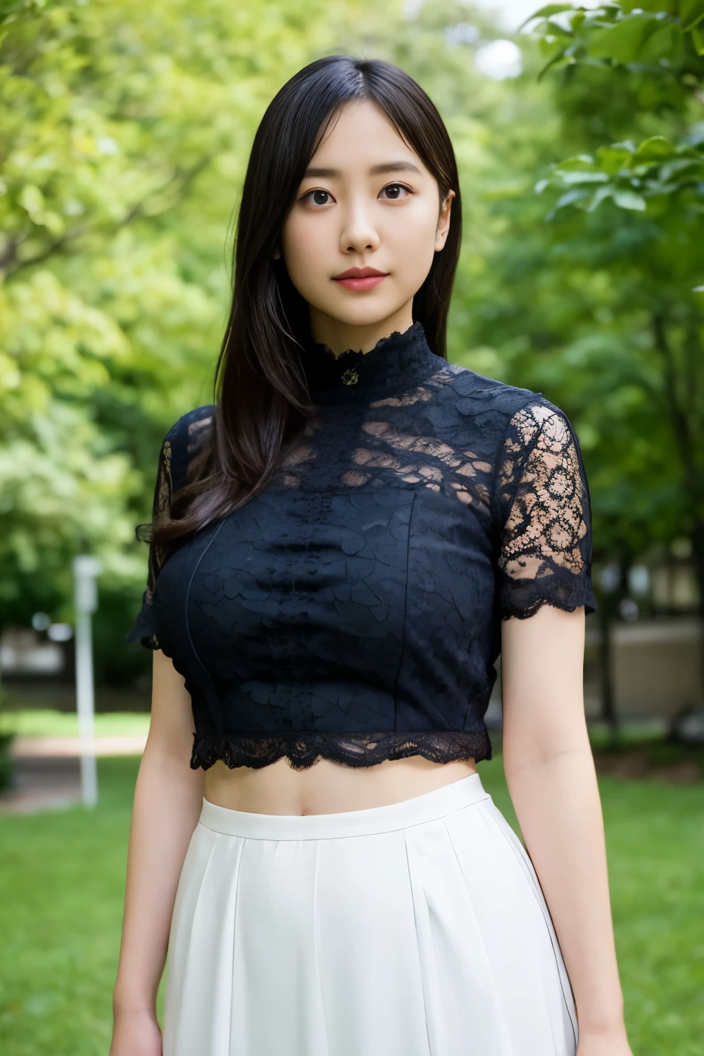 (masterpiece:1.2, highest quality), realistic, (real picture, intricate details, High-neck clothes), parted lips, very detailed, perfect face, perfect body, large model,forest background、woman with transparent nipples、expensive、long legs、Separate the upper and lower costumes、bright colored pictures、Clothes with a wide open chest、露出度のexpensive衣装、Clothing that exposes the belly button、Dress up only the upper body、random hairstyle、big breasts、transparent lace costume、embellished costume、Clothing that exposes the belly button、