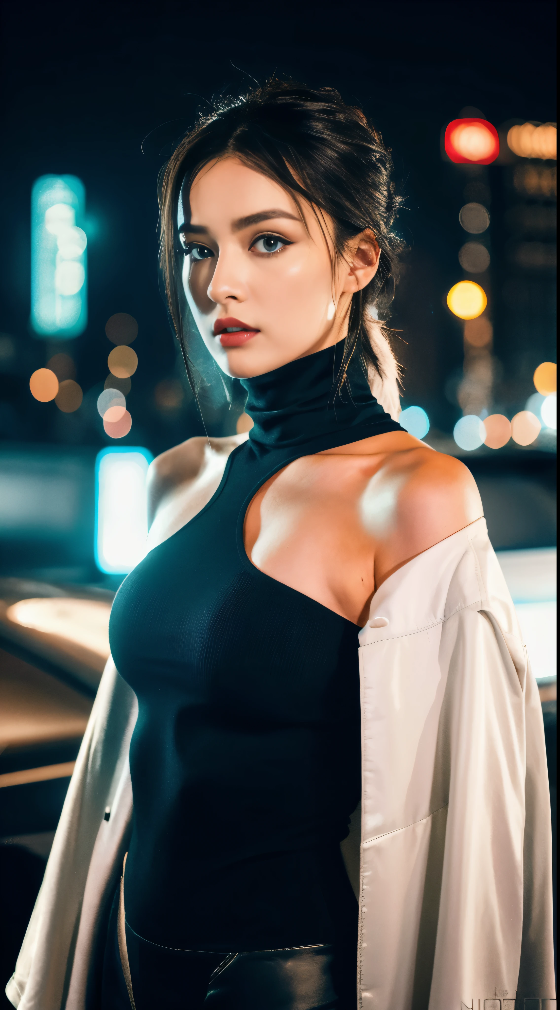 In the gritty, neon-lit world of cyberpunk edgerunners, there stands a solitary figure - Lucy, a woman of breathtaking allure and intrigue. With her white hair cascading down her shoulders, she wears an off-shoulder jacket that exposes her bare shoulders, adorned with red eyeliner that contrasts starkly against her blue eyes. Her medium-sized breasts are accentuated by the form-fitting sleeveless turtleneck leotard she wears. Her gaze is focused intently on the viewer, her intensity unmatched. The leotard, a masterpiece of best quality, clings to her body like 