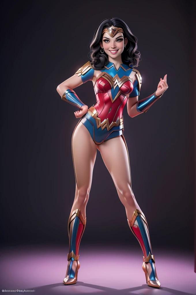(((full body photo)))Wonder woman, Portrait photography by Altgarm, realism style, Glowing skin, Cartoon hero, Natural light, Defined lips, Strong physical strength, Feminine body, Full body, viewer, (Smile:1.2), Depth of field f/1.8, studio shot, (((looking in camera))), Camera orientation, ellen von unwerth, (Sexy Pose:1.5)