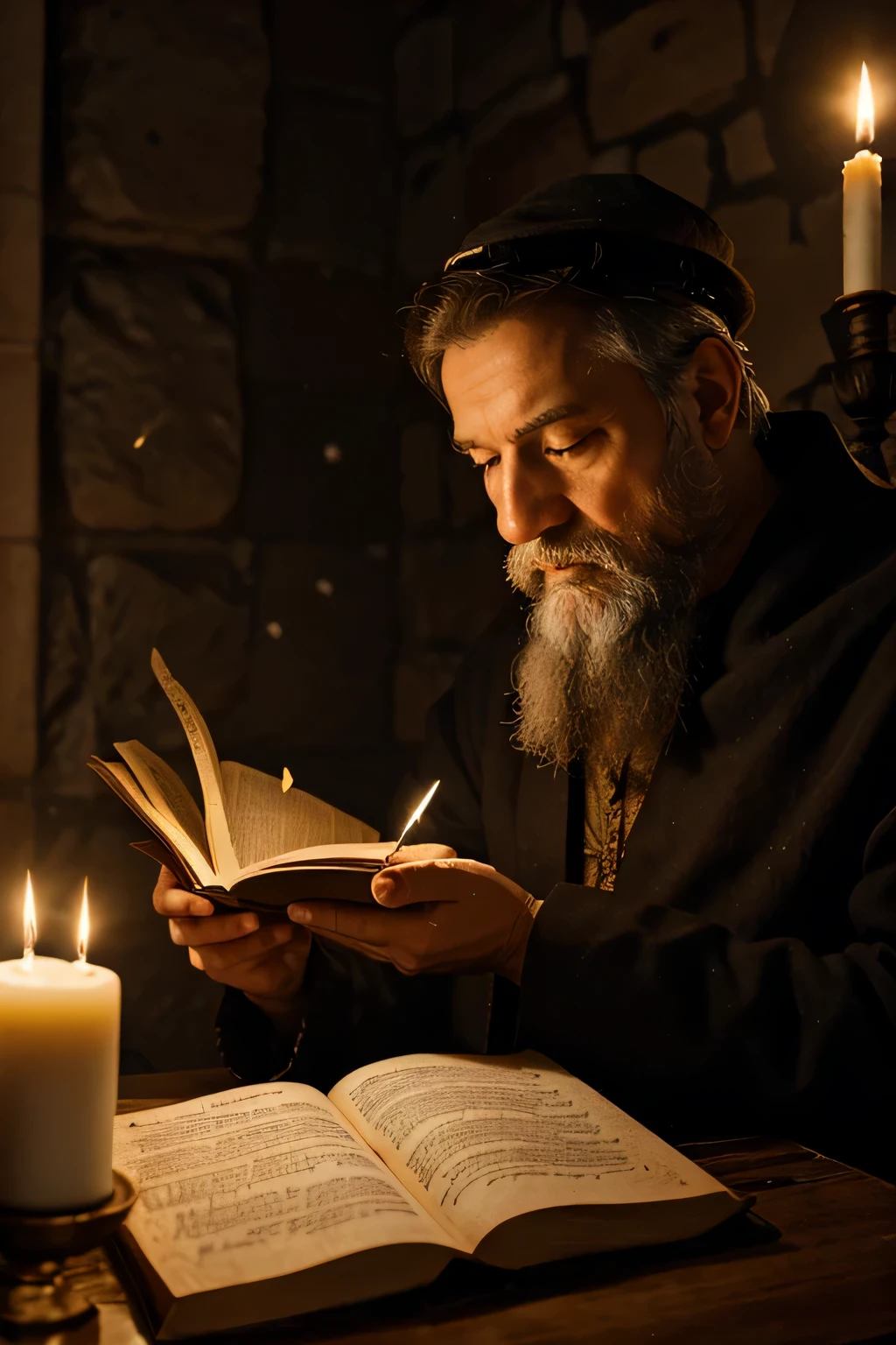 genera la imagen, Type of photography, de un escriba, masculino, hebreo antiguo, Read the Torah by candlelight while transcribing ancient scrolls., en formato rectangular.