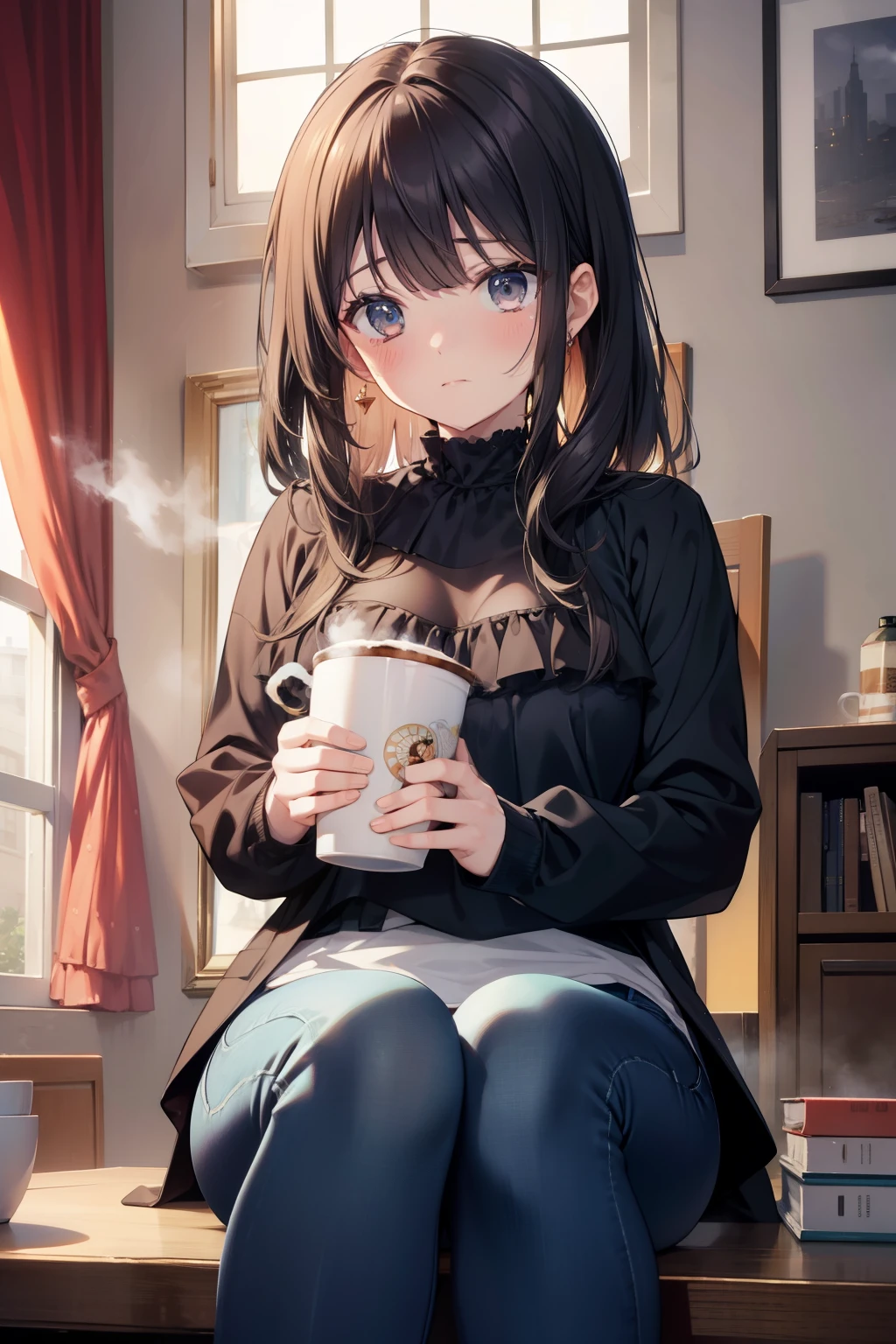 Anime girl sitting on a table holding a cup of coffee - SeaArt AI