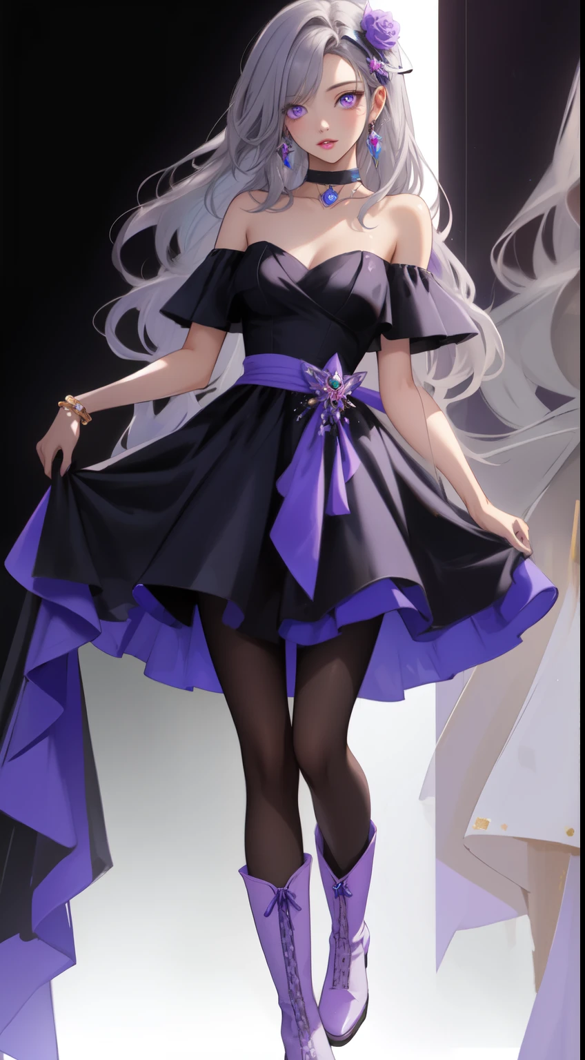 ((masterpiece)), ((highest quality)), ((High resolution)), ((detailed background)), (1 girl), pretty girl, black clothes, long hair, parted bangs, gray hair, purple eyes, ((detailed face and eyes)), perfect lips, shine, choker, dress, hose, Photographed with white boots, bare shoulders, nakedt, Macross Frontier, sheryl gnome, whole body,