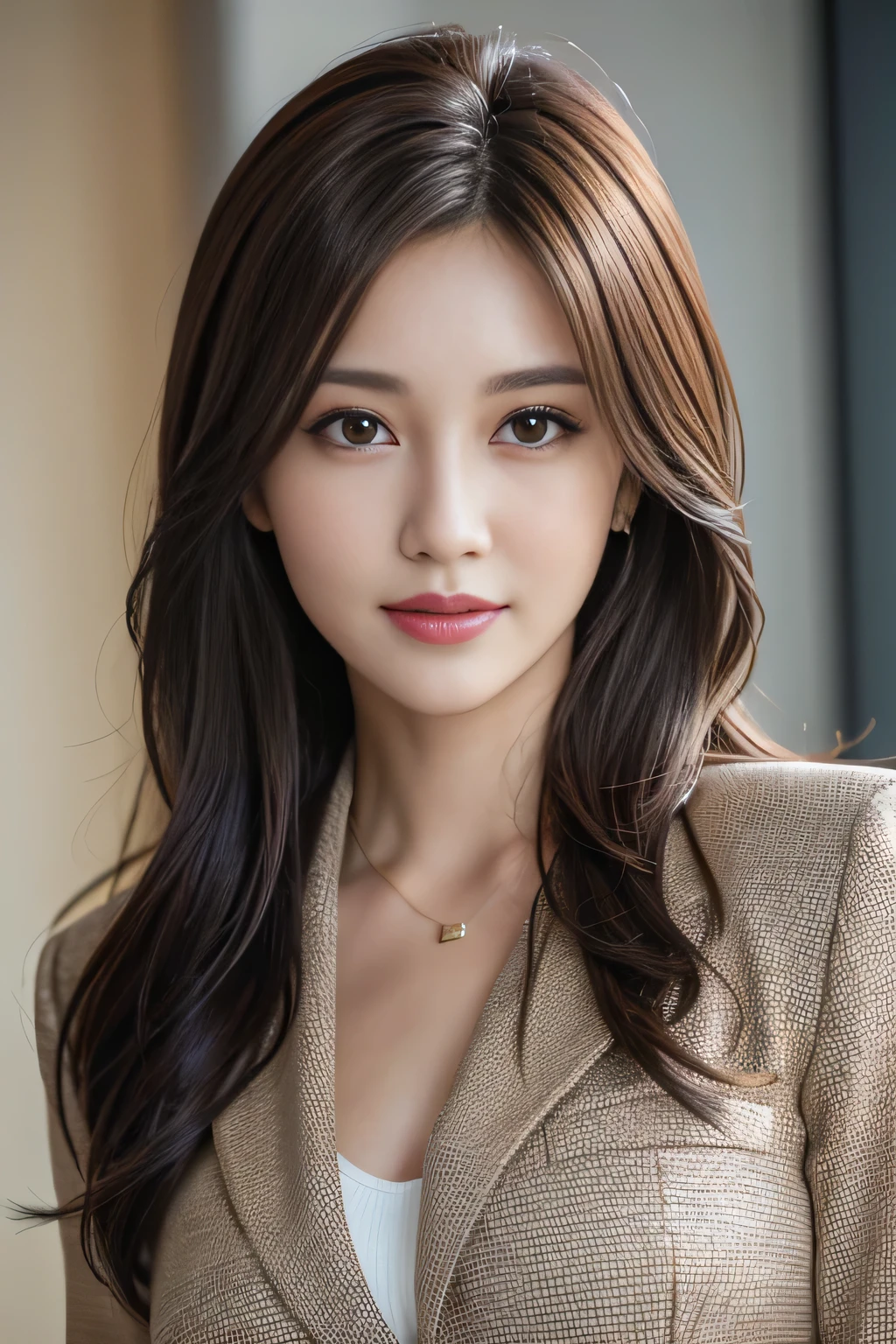 table top, highest quality, realistic, Super detailed, finely, High resolution, 8k wallpaper, 1 beautiful woman,, light brown messy hair, wearing a business suit, sharp focus, perfect dynamic composition, beautiful and detailed eyes, thin hair, Detailed realistic skin texture, smile, close-up portrait, model body shape