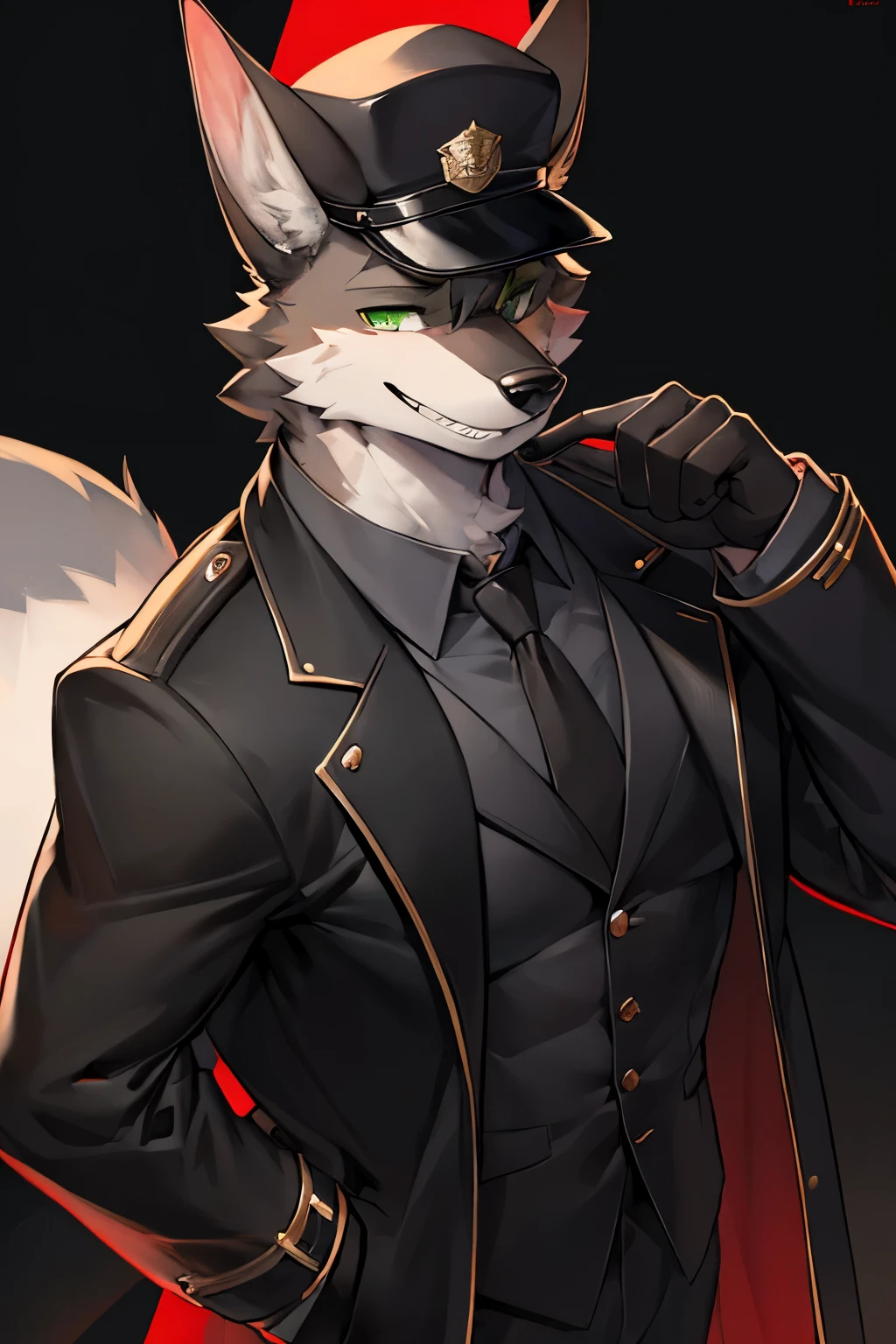 (high-res masterpiece)) , ((best quality)), illustration, furry, 
jackal, animal ears, tail, bodyfur, black fur, 1man, adult man, upper body, 1man solo *//*, green eyes, *//*, dark grey officer trench coat, looking at viewer, toothy grin, dark grey officer hat, red stripe on right bicep, holding brim of the hat