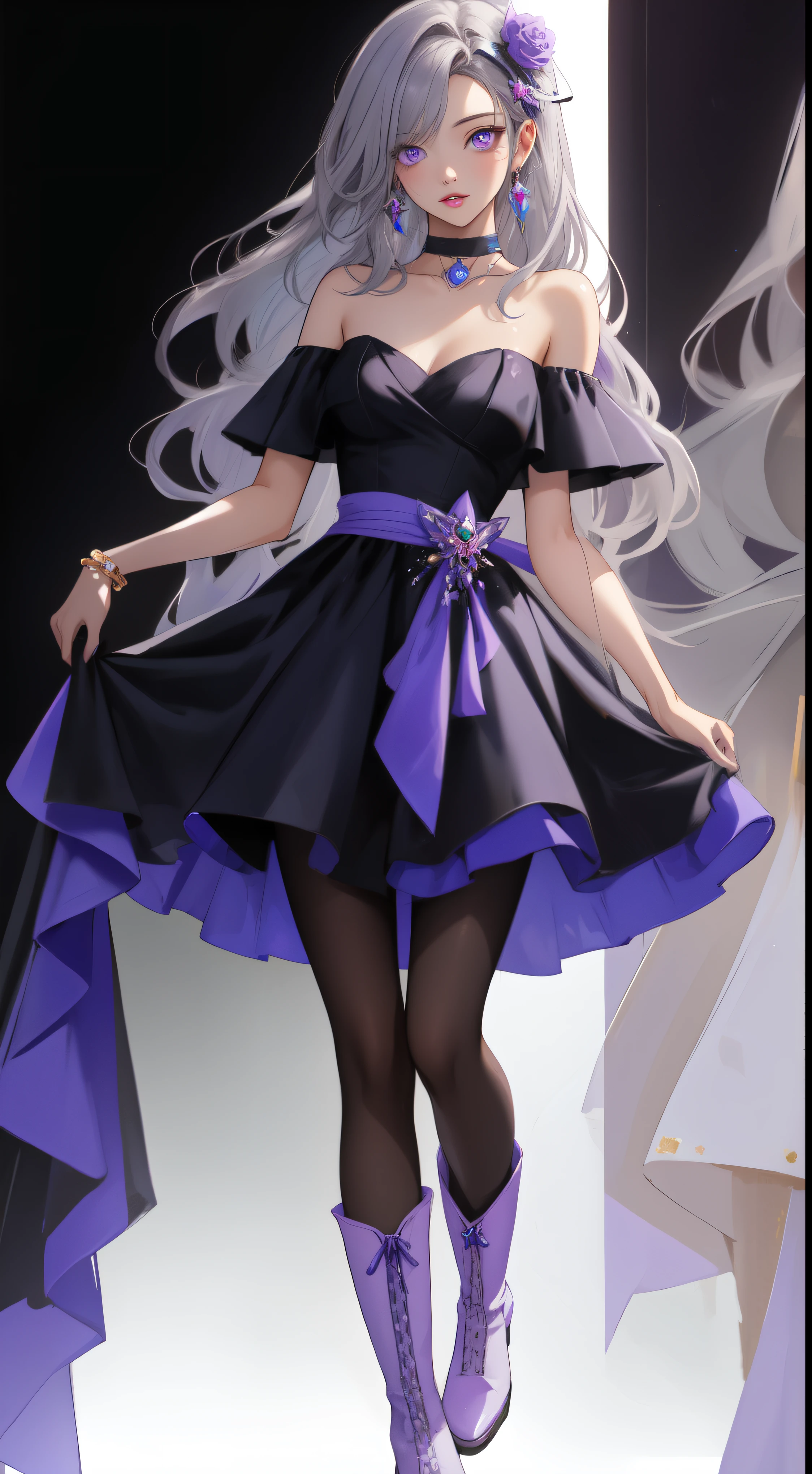 ((masterpiece)), ((highest quality)), ((High resolution)), ((detailed background)), (1 girl), pretty girl, black clothes, long hair, parted bangs, gray hair, purple eyes, ((detailed face and eyes)), perfect lips, shine, choker, dress, pantyhose, I took this photo wearing white boots., bare shoulders, naked waist, Macross Frontier, cheryl nome, whole body,
