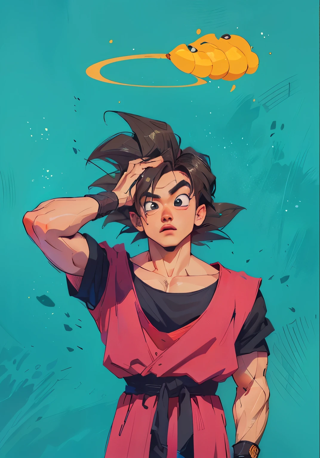 ((Samdoesart)), um desenho de um homem com roupa laranja e faixas pretas, Goku, highly detailed retrato de Goku, with your hand in your hair, pintura extremamente detalhada, ((Pixar)), musculoso, forte, nuvem em forma de halo 