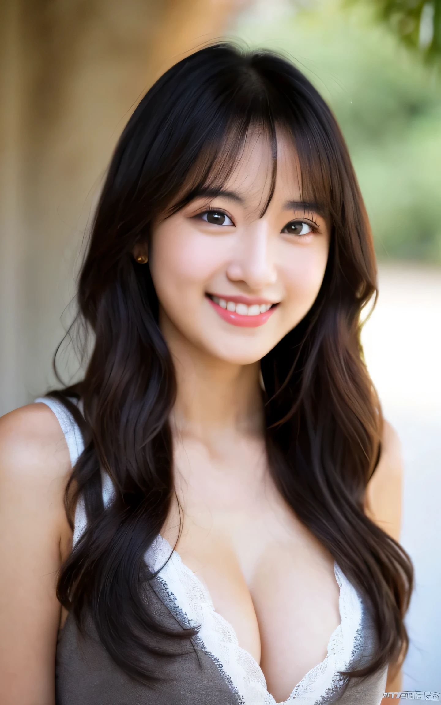 1 mexican girl, 25 years old, Long Wavy black Hair, dark brown eyes, black hair, nude, cleavage, smiling