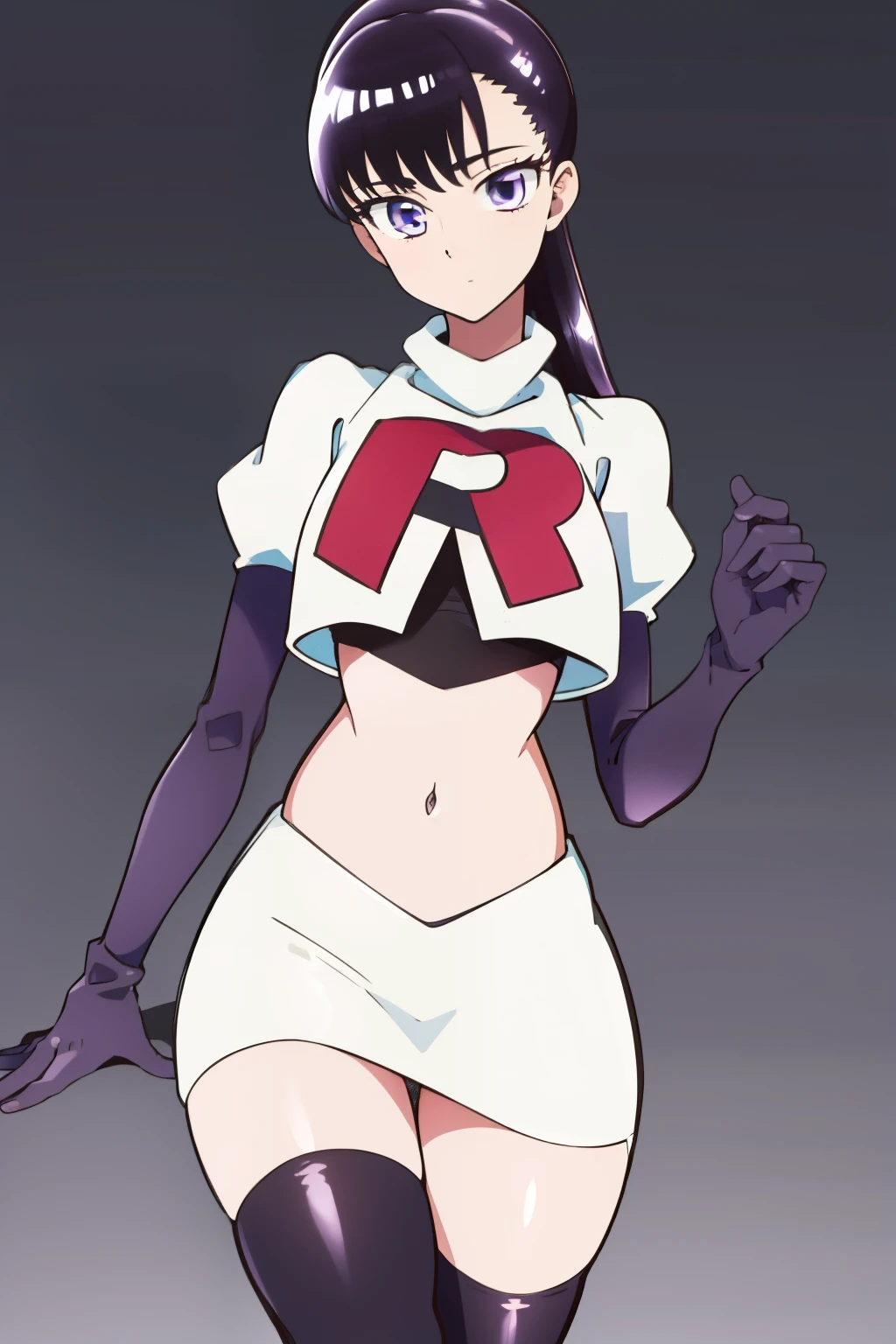 akiratachibana, akira tachibana, long hair, bangs, black hair, (purple eyes:1.1),
BREAK ponytail, team rocket,team rocket uniform,white skirt,red letter R,crop top,black thigh-highs,black elbow gloves
BREAK looking at viewer,
BREAK (masterpiece:1.2), best quality, high resolution, unity 8k wallpaper, (illustration:0.8), (beautiful detailed eyes:1.6), extremely detailed face, perfect lighting, extremely detailed CG, (perfect hands, perfect anatomy),