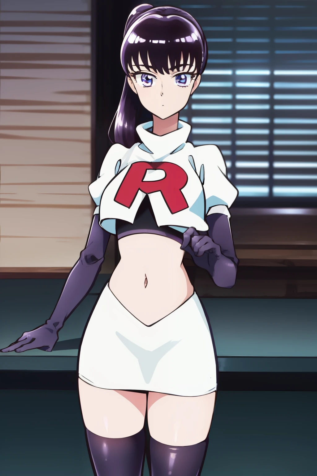 akiratachibana, akira tachibana, long hair, bangs, black hair, (purple eyes:1.1),
BREAK ponytail, team rocket,team rocket uniform,white skirt,red letter R,crop top,black thigh-highs,black elbow gloves
BREAK looking at viewer,
BREAK (masterpiece:1.2), best quality, high resolution, unity 8k wallpaper, (illustration:0.8), (beautiful detailed eyes:1.6), extremely detailed face, perfect lighting, extremely detailed CG, (perfect hands, perfect anatomy),