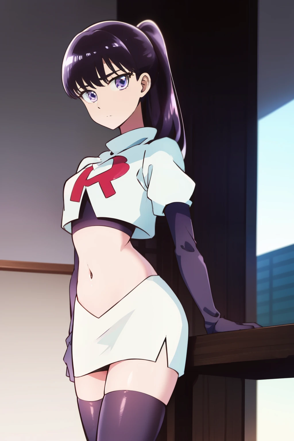 akiratachibana, akira tachibana, long hair, bangs, black hair, (purple eyes:1.1),
BREAK ponytail, team rocket,team rocket uniform,white skirt,red letter R,crop top,black thigh-highs,black elbow gloves
BREAK looking at viewer,
BREAK (masterpiece:1.2), best quality, high resolution, unity 8k wallpaper, (illustration:0.8), (beautiful detailed eyes:1.6), extremely detailed face, perfect lighting, extremely detailed CG, (perfect hands, perfect anatomy),