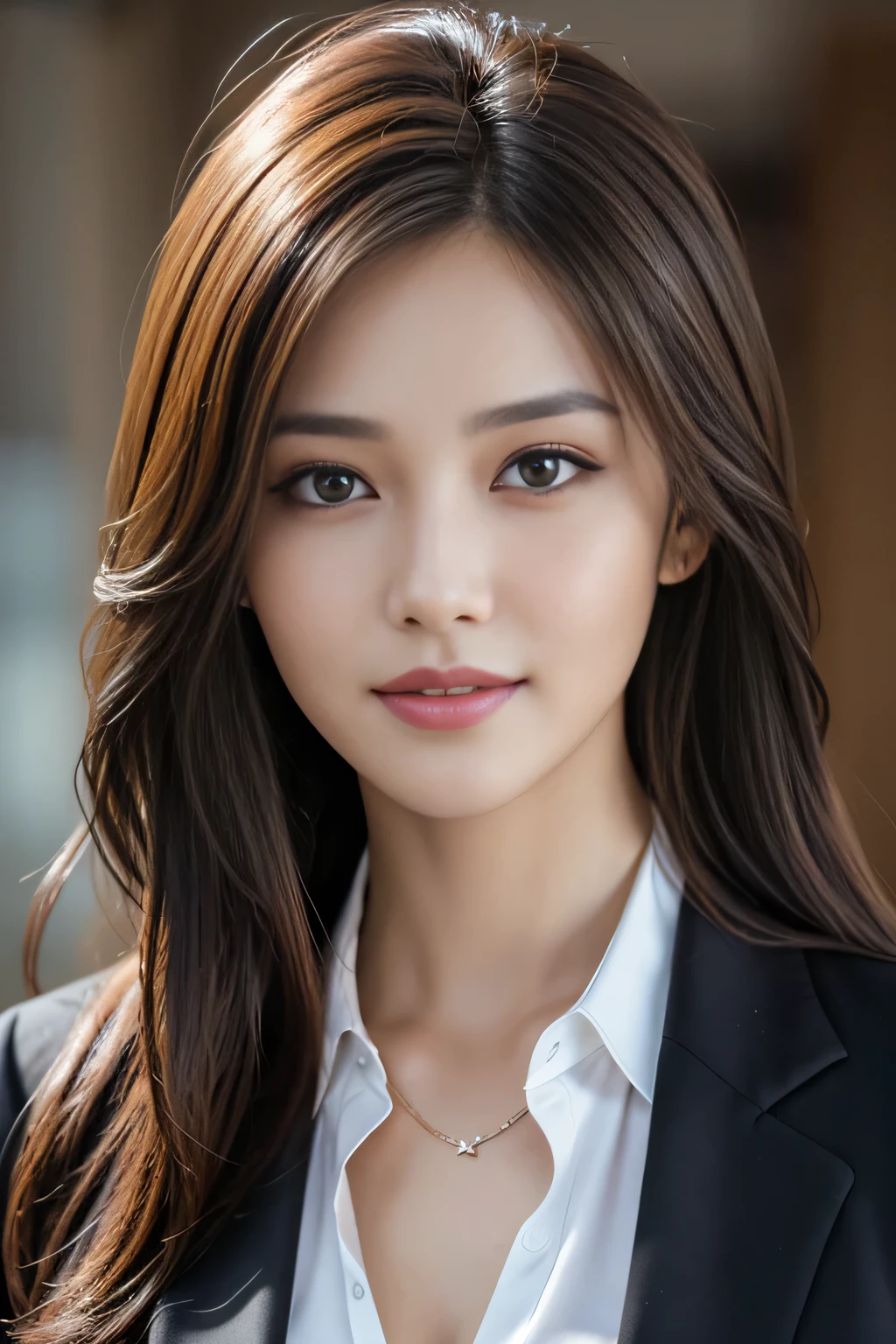 table top, highest quality, realistic, Super detailed, finely, High resolution, 8k wallpaper, 1 beautiful woman,, light brown messy hair, wearing a business suit, sharp focus, perfect dynamic composition, beautiful and detailed eyes, thin hair, Detailed realistic skin texture, smile, close-up portrait, model body shape