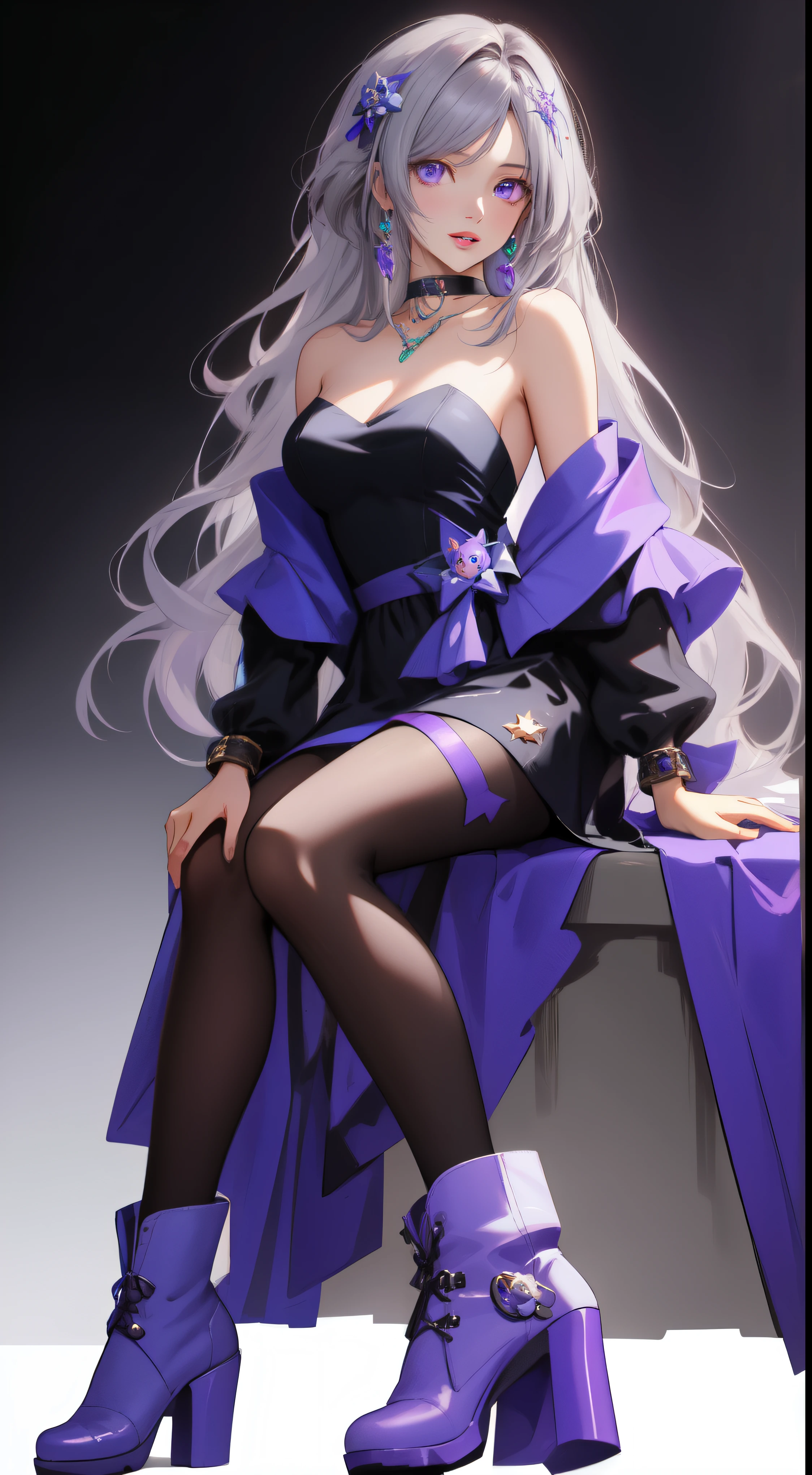 ((masterpiece)), ((highest quality)), ((High resolution)), ((detailed background)), (1 girl), pretty girl, black clothes, long hair, parted bangs, gray hair, purple eyes, ((detailed face and eyes)), perfect lips, shine, choker, dress, pantyhose, I took this photo wearing white boots., bare shoulders, naked waist, Macross Frontier, cheryl nome, whole body,
