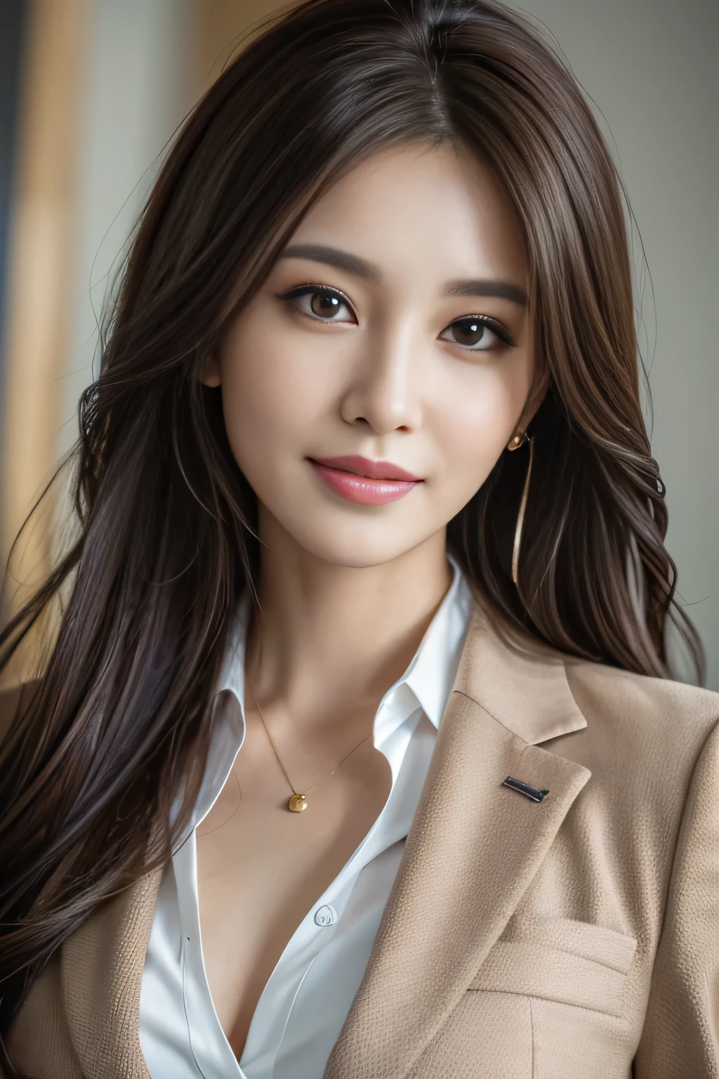 table top, highest quality, realistic, Super detailed, finely, High resolution, 8k wallpaper, 1 beautiful woman,, light brown messy hair, wearing a business suit, sharp focus, perfect dynamic composition, beautiful and detailed eyes, thin hair, Detailed realistic skin texture, smile, close-up portrait, model body shape