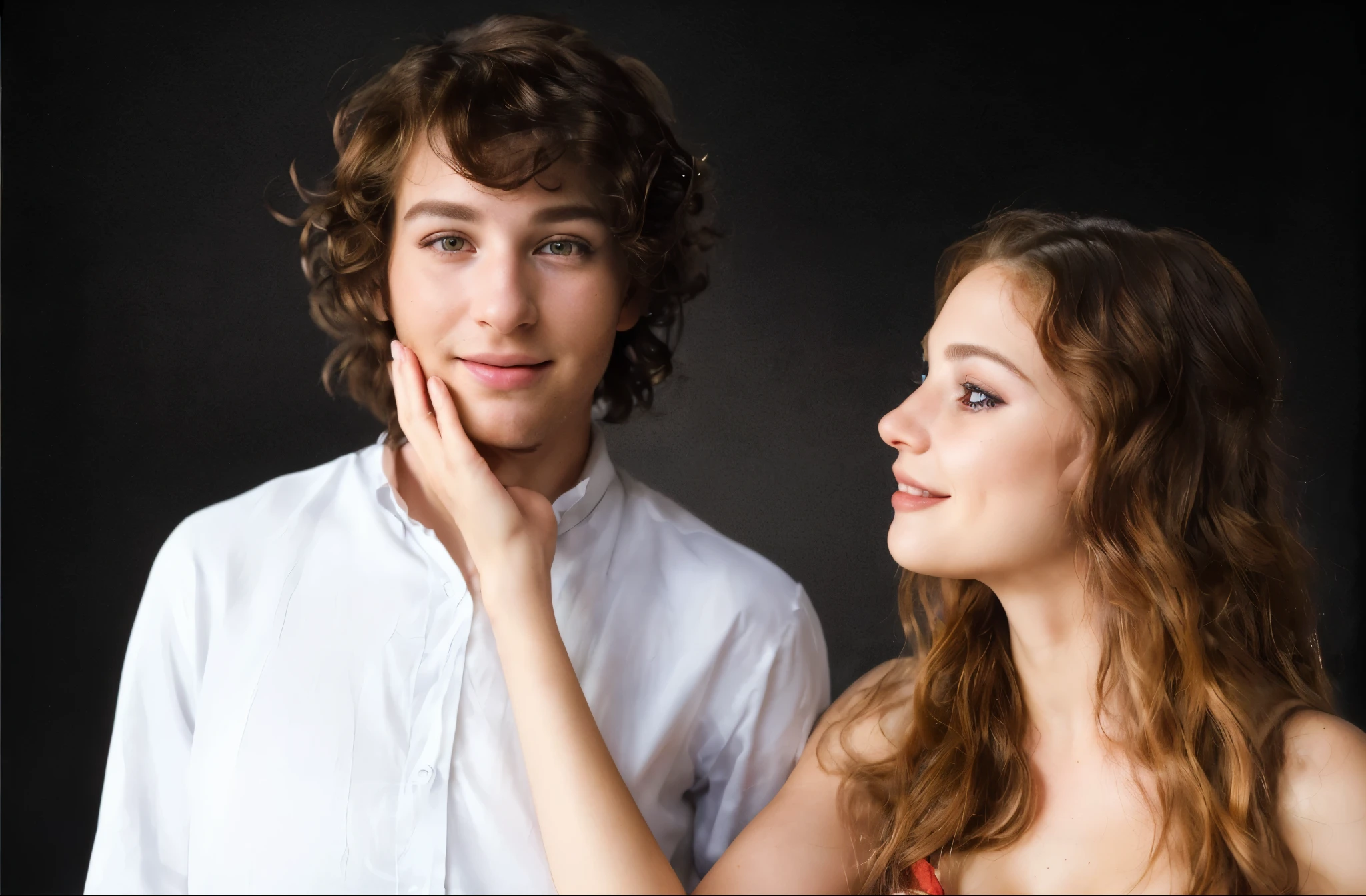 beautiful 25-year-old woman,red corset,flirtatious look,grabbing boyfriend's chin,loving expression,(ultra-realistic,photorealistic:1.37),(best quality,8k,highres:1.2),vivid colors,sharp focus,long eyelashes,smiling eyes,curly hair,fine details,soft skin,romantic lighting,studio setting,portrait style