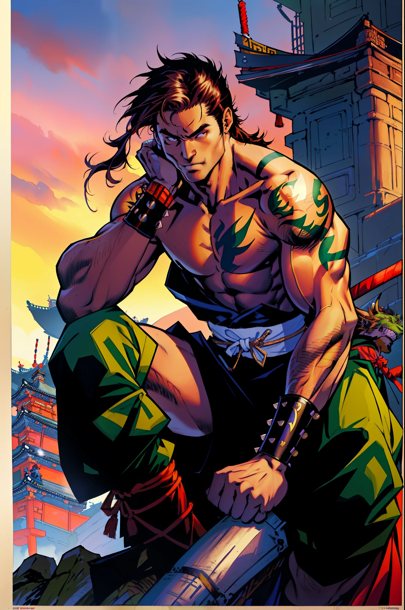 (((mtu))), (((best qualityer))), (((tmasterpiece))), (((AS-Adult))), ((( Japanese ))), Look up from your knees, Handsome Asian samurai,perfect body figure, Modern samurai, ((( Asian))), Wear gloves on your hands,The left arm is made of steel and metal tipade of protective devices, The eyes are pulled, (( Appears below the chest )), (( Small dental floss )), Simon Bisley, Almost naked(Simon Bisley)Castle City Wilderness,For high-resolution posters, hair straight, Minimum clothing, armure (Crazy clothes ), Full of tips and rivets, tribal tattoos, (((full bodyesbian))), Straight brunette hair,Colored hair ends, dragon japonais en font,