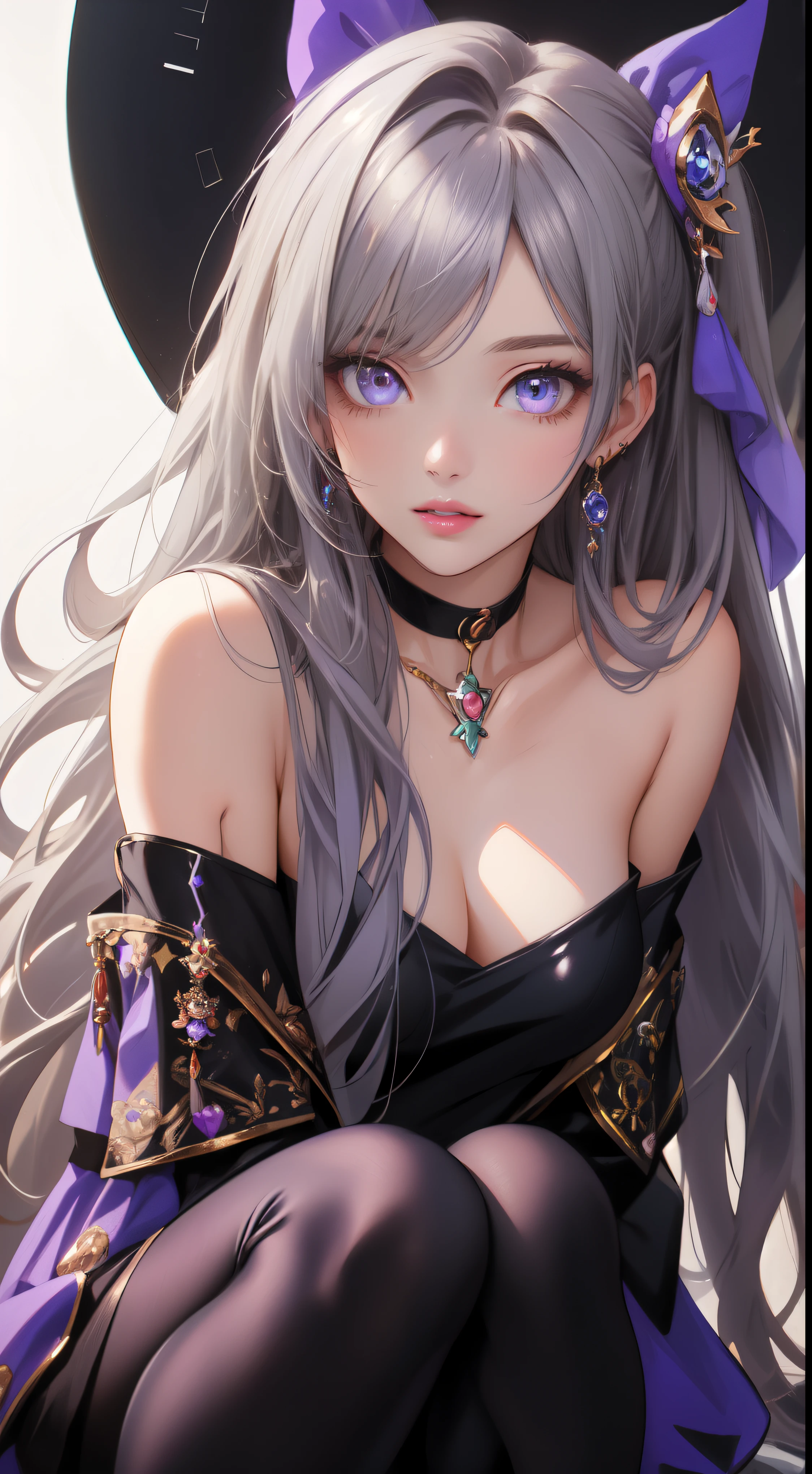 ((masterpiece)), ((highest quality)), ((High resolution)), ((detailed background)), (1 girl), pretty girl, black clothes, long hair, parted bangs, gray hair, purple eyes, ((detailed face and eyes)), perfect lips, shine, choker, dress, pantyhose, I took this photo wearing white boots., bare shoulders, naked waist, Macross Frontier, cheryl nome, whole body,