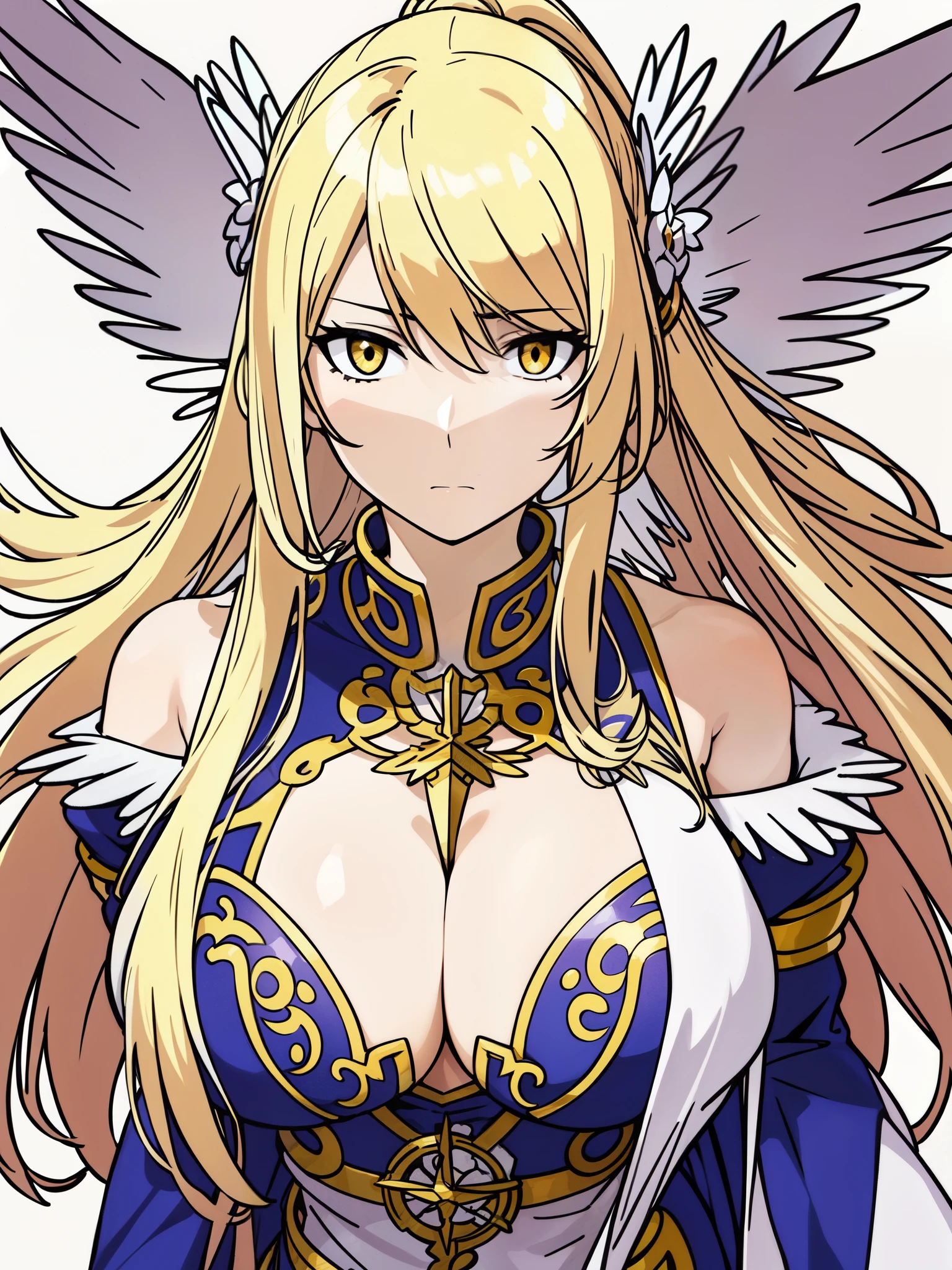 ((angelic tunic)), ((fair skin)), ((blonde hair)), ((archangel)), ((golden bangles on arms)), ((resembles Lucemon from Digimon)), ((complementary color)), ((six angel wings)), ((flowers)), ((emotionless expression)), ((curvy)), ((beautiful)), ((mature female)), 1girl, beautifully drawn, high resolution illustration, best quality, High definition, ((detailed anime sketch)), Masterpiece, (solo), absurdres, ((ponytail hairstyle)), detailed background, fine detail, female focus, HDR, ((long hair)), ((close-up)), upper body, detailed, portrait
