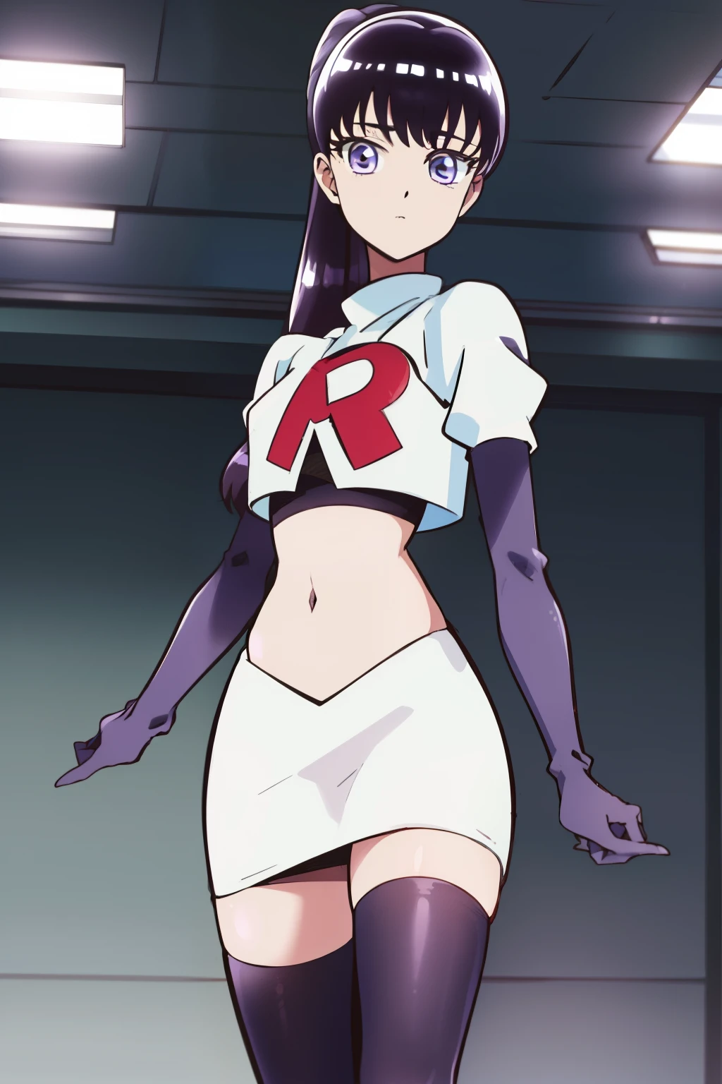 akiratachibana, akira tachibana, long hair, bangs, black hair, (purple eyes:1.1),
BREAK ponytail, team rocket,team rocket uniform,white skirt,red letter R,crop top,black thigh-highs,black elbow gloves
BREAK looking at viewer,
BREAK (masterpiece:1.2), best quality, high resolution, unity 8k wallpaper, (illustration:0.8), (beautiful detailed eyes:1.6), extremely detailed face, perfect lighting, extremely detailed CG, (perfect hands, perfect anatomy),