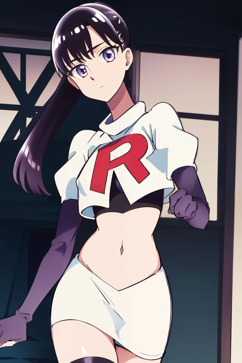 akiratachibana, akira tachibana, long hair, bangs, black hair, (purple eyes:1.1),
BREAK ponytail, team rocket,team rocket uniform,white skirt,red letter R,crop top,black thigh-highs,black elbow gloves
BREAK looking at viewer,
BREAK (masterpiece:1.2), best quality, high resolution, unity 8k wallpaper, (illustration:0.8), (beautiful detailed eyes:1.6), extremely detailed face, perfect lighting, extremely detailed CG, (perfect hands, perfect anatomy),