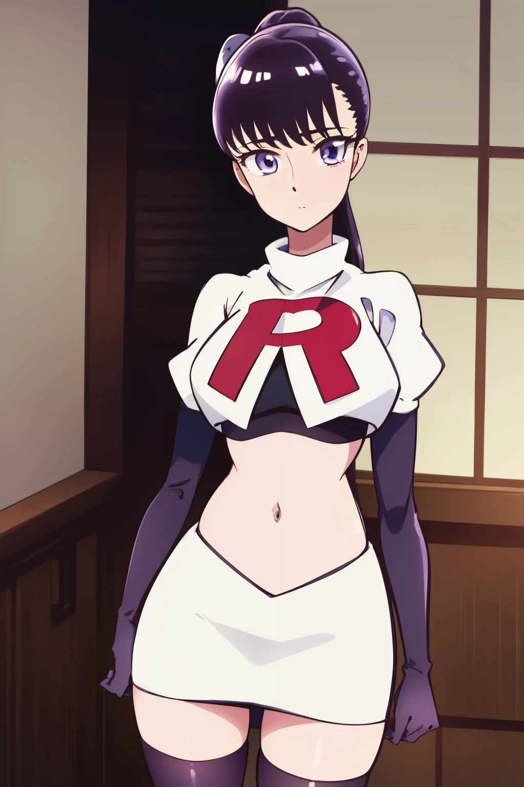 akiratachibana, akira tachibana, long hair, bangs, black hair, (purple eyes:1.1),
BREAK ponytail, team rocket,team rocket uniform,white skirt,red letter R,crop top,black thigh-highs,black elbow gloves
BREAK looking at viewer,
BREAK (masterpiece:1.2), best quality, high resolution, unity 8k wallpaper, (illustration:0.8), (beautiful detailed eyes:1.6), extremely detailed face, perfect lighting, extremely detailed CG, (perfect hands, perfect anatomy),