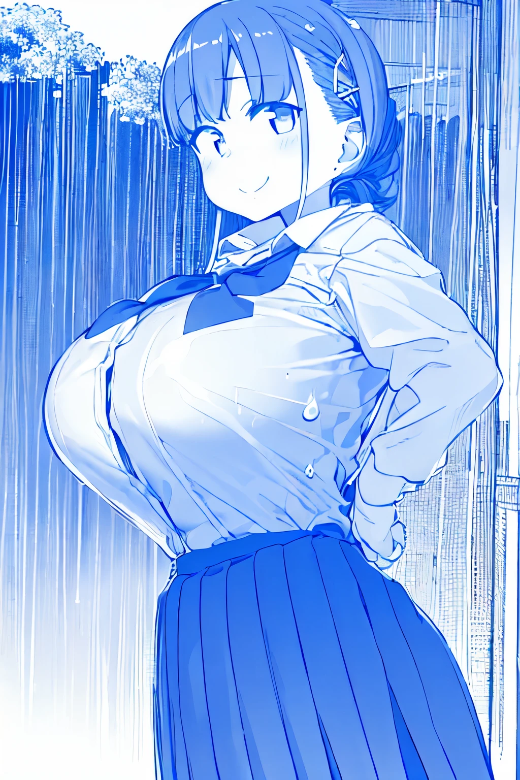 masterpiece, highest quality, 1 girl, (((chestの焦点))), ((cute eyes)), gloves, hair ornaments, school uniform, looking at the viewer, alone, chest, From the side, school uniform, put your hands behind your back and put your arms behind your back, school bag, evil smile, 
(((monochrome))), blue line, 大きいchest, line drawing,((丸いchest)),sweat,rain,wet clothed,(thin waist:1.4),(huge breast:1.4),(chestを強調する:1.5).