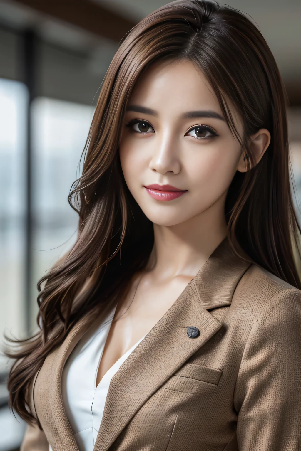 table top, highest quality, realistic, Super detailed, finely, High resolution, 8k wallpaper, 1 beautiful woman,, light brown messy hair, wearing a business suit, sharp focus, perfect dynamic composition, beautiful and detailed eyes, thin hair, Detailed realistic skin texture, smile, close-up portrait, model body shape