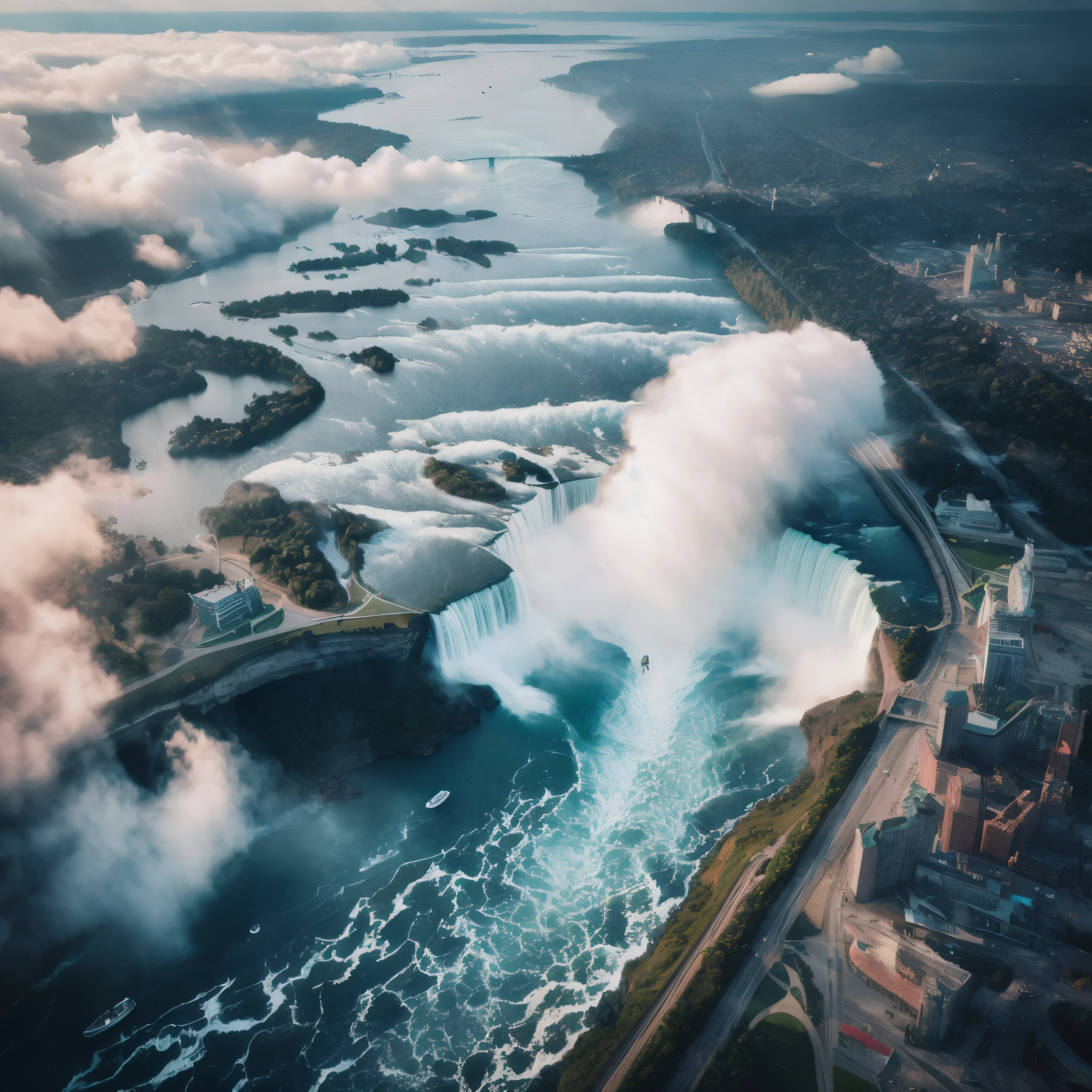 aerial view of a large waterfall with a boat in the middle of it, niagara falls, drone photography, floating waterfalls, huge waterfalls, waterfalls and lakes, immense waterfall, aerial photography, by Jason A. Engle, 4k drone photography, /r/earthporn, shot from a drone, perspective shot from the sky, drone photograpghy, amazingly epic visuals