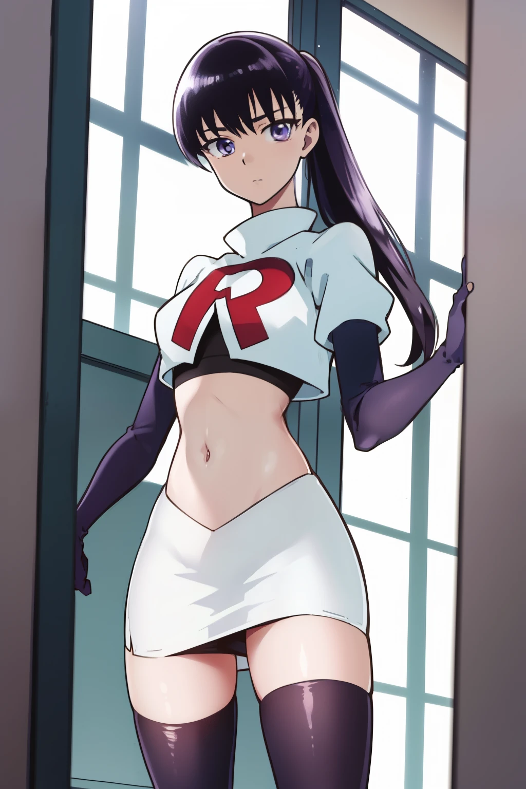 akiratachibana, akira tachibana, long hair, bangs, black hair, (purple eyes:1.1),
BREAK ponytail, team rocket,team rocket uniform,white skirt,red letter R,crop top,black thigh-highs,black elbow gloves
BREAK looking at viewer,
BREAK (masterpiece:1.2), best quality, high resolution, unity 8k wallpaper, (illustration:0.8), (beautiful detailed eyes:1.6), extremely detailed face, perfect lighting, extremely detailed CG, (perfect hands, perfect anatomy),