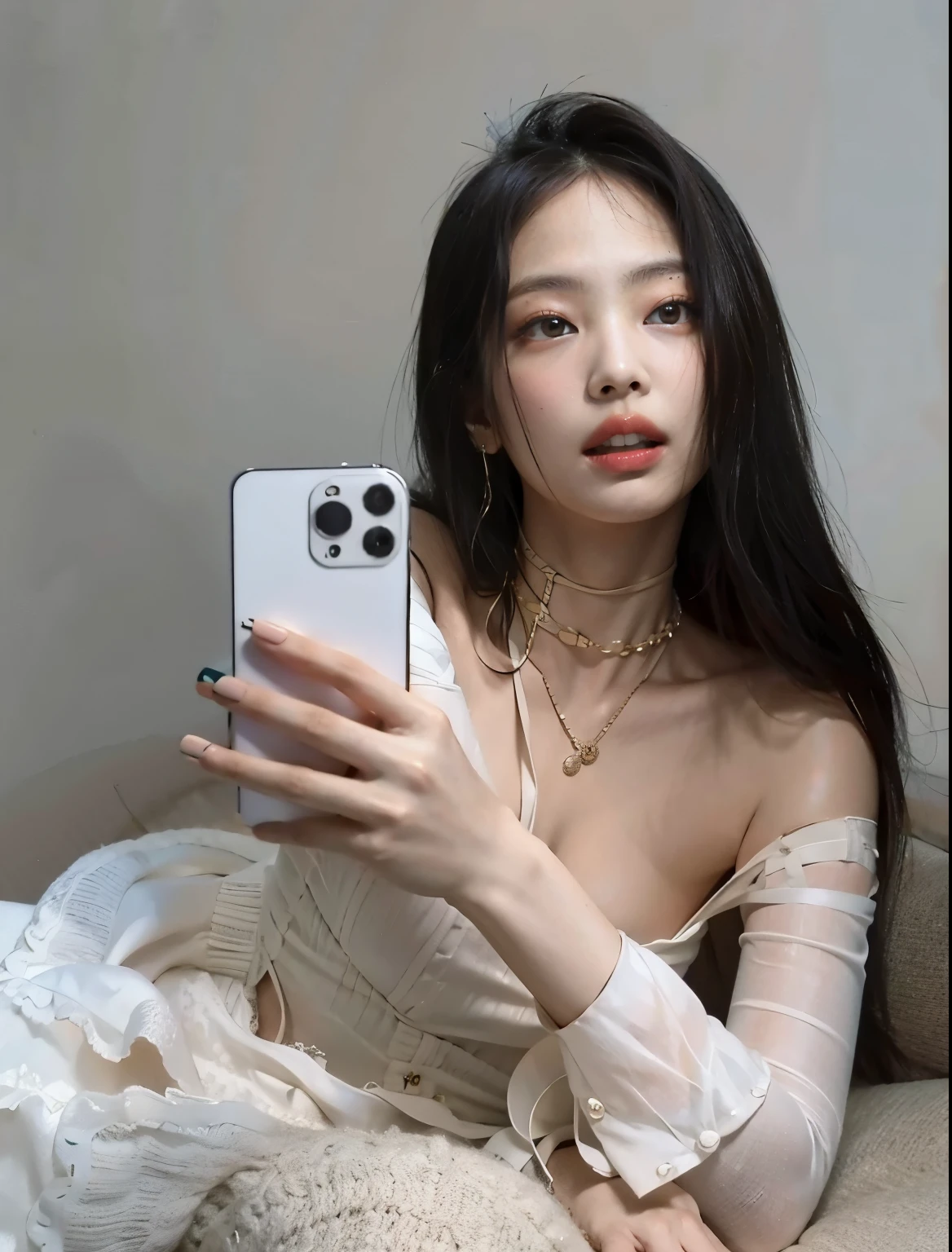 Jennie arranhada com vestido branco segurando um celular, Cara sexy, 2 3 anos, jennie blackpink