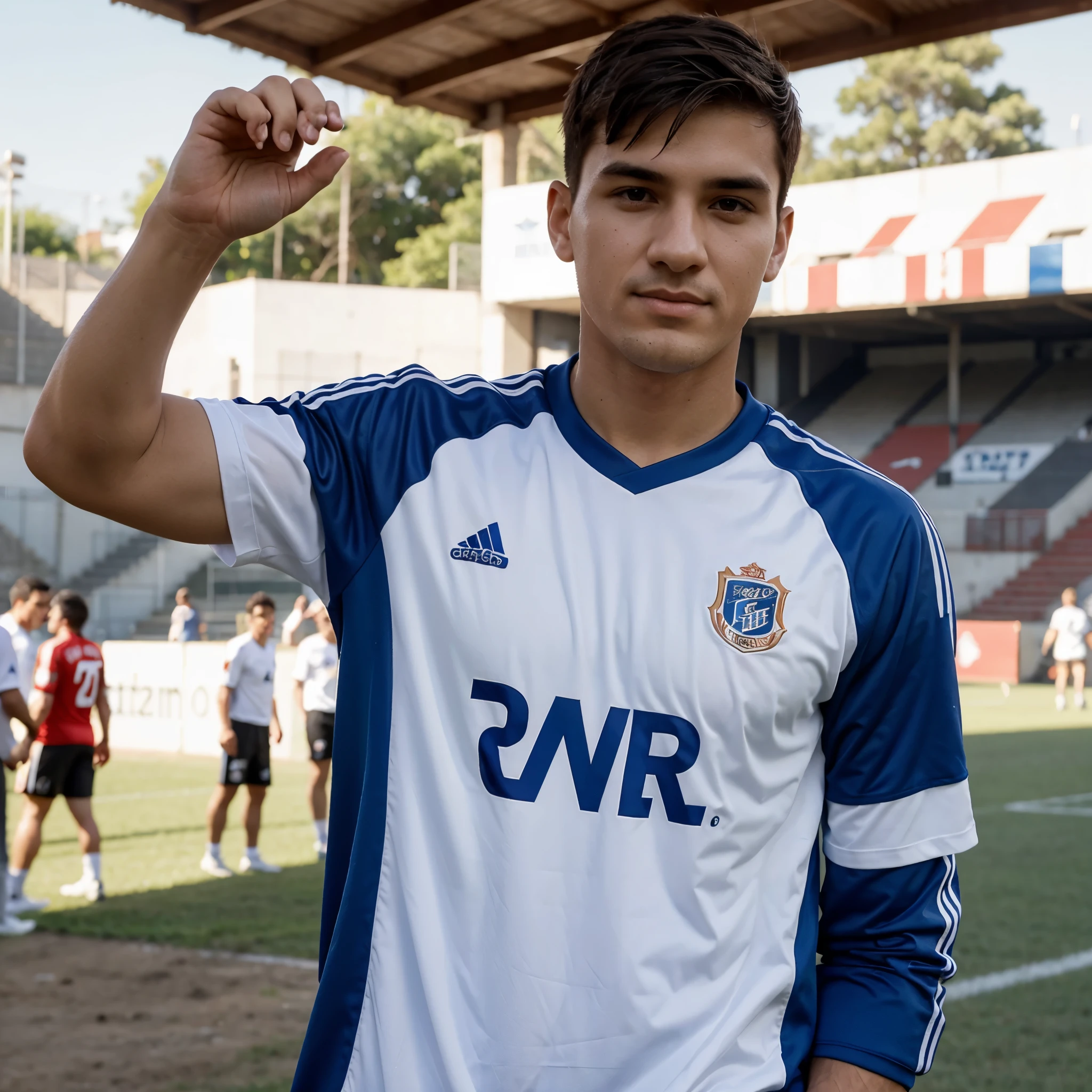 Joven con el corte Muller fader de espaldas en una cancha de micro con una camisa con el nombre Palacios