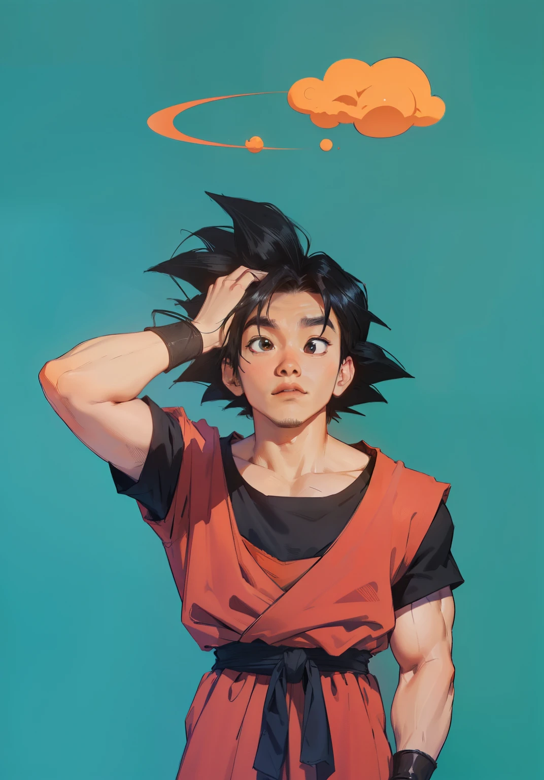 ((samdoesart)), um desenho de um homem com roupa laranja e faixas pretas, goku, highly detailed retrato de goku, with your hand in your hair, pintura extremamente detalhada, ((Pixar)), musculoso, forte, halo shaped cloud, (Goku)