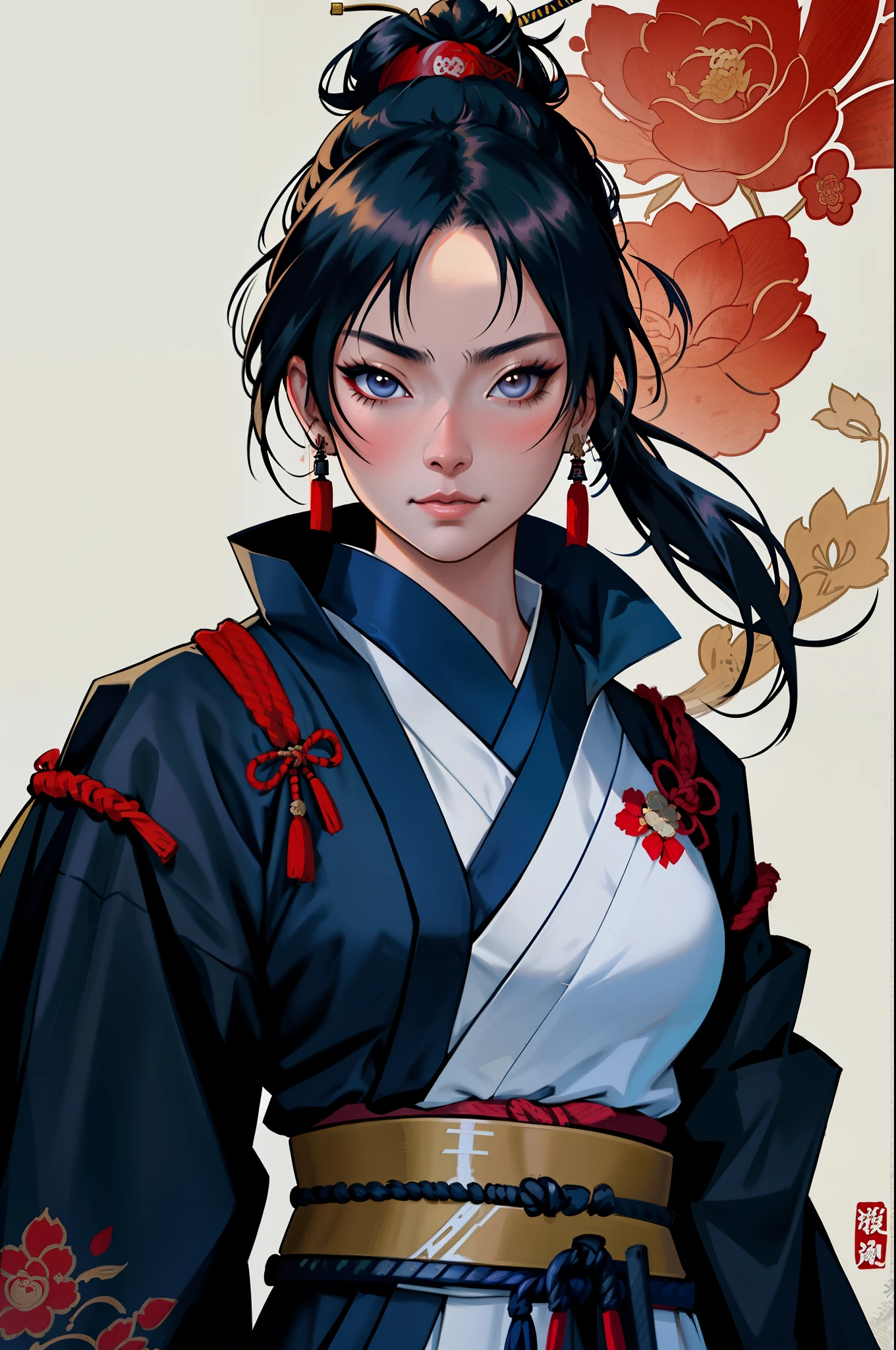 Portrait of a woman in samurai costume with a sword, Female Samurai, inspired by Kanō Hōgai, Very beautiful cyberpunk samurai.., Japanese Warrior, She's holding a katana.., samurai portrait, katana, Traditional Japanese concept art, Wear samurai armor, Wear kimono armor, Portrait of a cyberpunk samurai