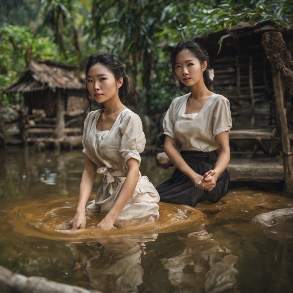 (best quality,4k,highres,masterpiece:1.2),ultra-detailed,(realistic,photorealistic,photo-realistic:1.37), HDR, UHD, An (extremely beautiful Vietnamese woman age: 18, hourglass figure, blessed proportions, dressed appropriate for the setting) is relaxing in a hot spring with her lady friends(they are helping scrub one another and playfully flirting), she is near an rural Vietnamese village with many other women nearby. (Show her entire body, show her from head to toe, full body shot)