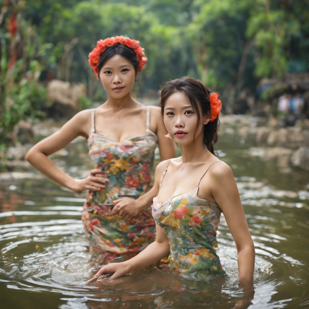 1girl, (red sarong_dress), (batik), sunlight, sitting, nature, outdoors, river, detailed face, detailed eyes, huge breasts, shiny skin, looking at the audience, (laughing cute: 1.2), (happy), (8k, RAW photo, best quality, masterpiece: 1.2), (realistic, realistic: 1.37), ultra-high resolution,