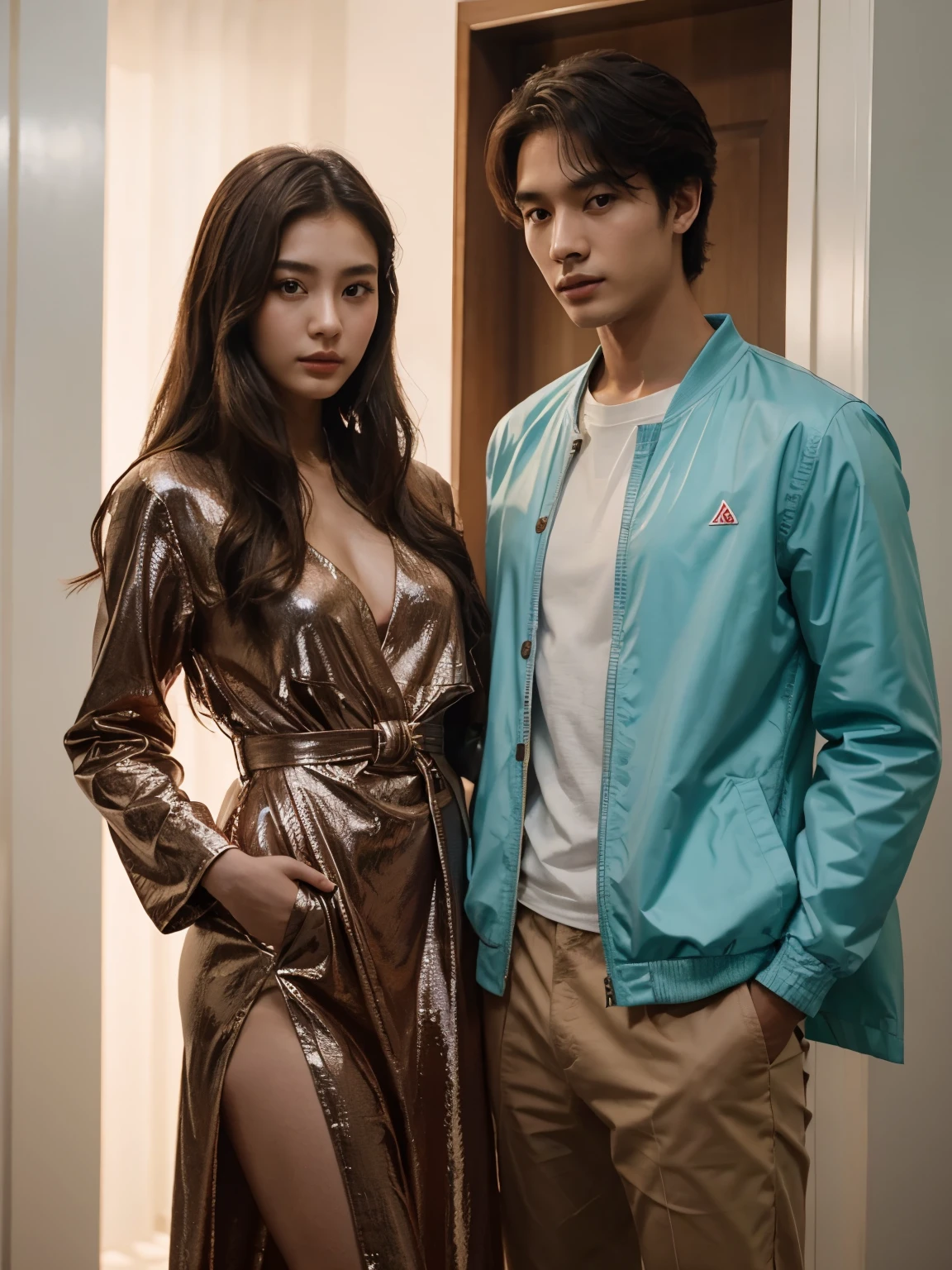 a man and a woman standing next to each other at a Party, an image, inspired by Adam Dario Keel, a jacket that is trending in the cg community, a beautiful young Korean woman wearing a long party dress, a screencap of the film, model elisajes from acquamodels