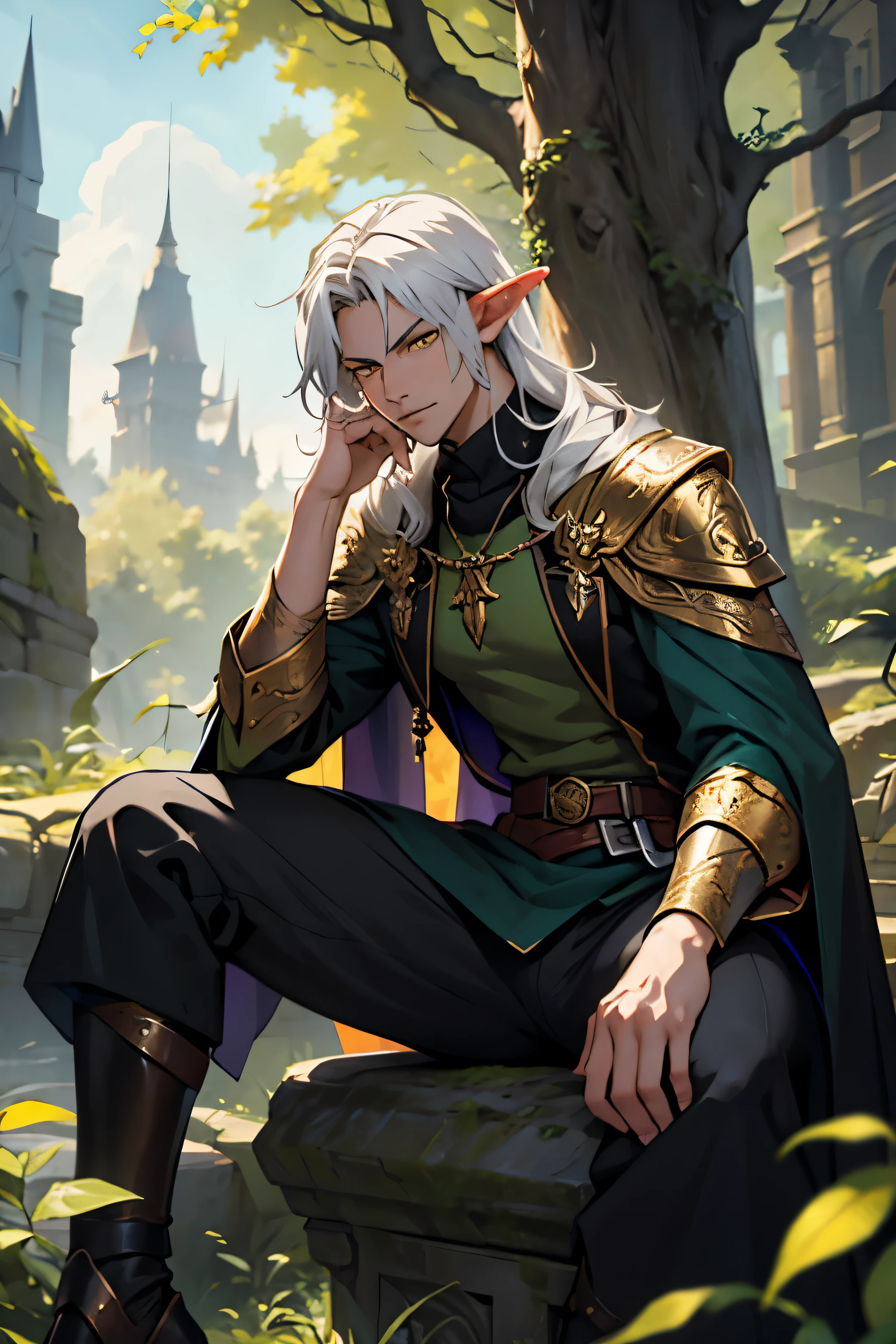 masterpiece, Male, fantasy, High elf, long messy silver hair, Yellow eyes, cloak made of leaf, golden accents, green business suit, purple shirt, dynamic angle, dynamic pose, best quality, ultra-detailed, sword in left hand, druid outfit style, skinny, slim, 24 years old, Raven sitting on right shoulder, green necklace, staring down at camera, 2 arms, dark pants