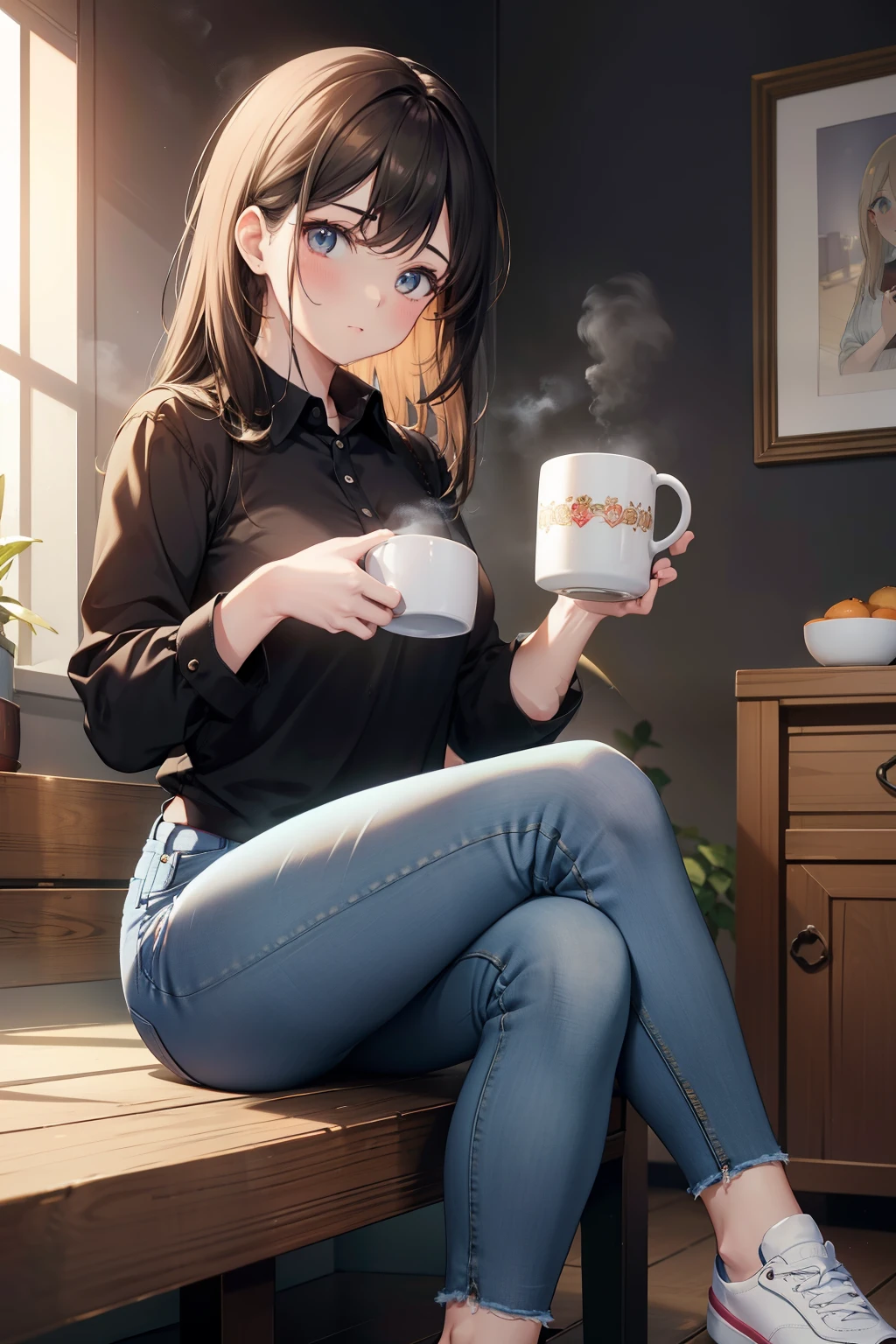 ((masterpiece)), ((best quality)), girl, ((Anime-style)), black collared blouse, tight jeans, sneakers, ((rosy-cheeked)), hanging head, holding a large cup of steaming soup, in a cozy room, soft background lighting, ((detailed shading and textures)), ((realistic depiction of the soup and mug)).

Uma garota anime-estilo, com blusa de gola alta preta apresentando detalhes finos, jeans ajustados, tenis, rosto vermelho de embaraso, sitting with a bowl of hot soup in hand, in a comfortable room