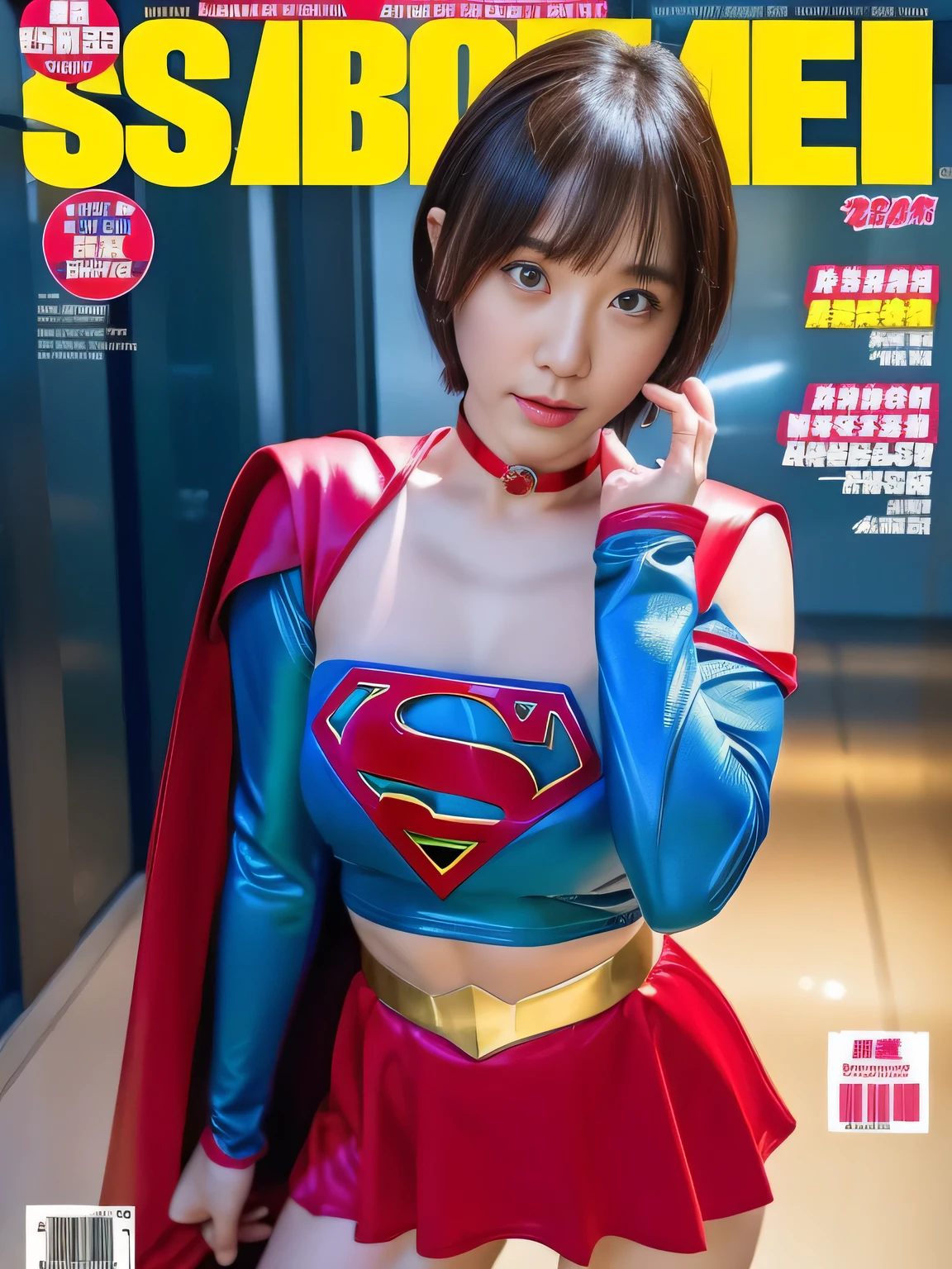 masterpiece、supergirl costume、short hair、barefoot、big and full breasts、Crisis situation、operating room、operating table、straddle、Sweat、shiny、look at the camera、provoke、Estrus、choker、Weekly magazine cover、long sleeve、red mini skirt、obscene pose、Seduce、
