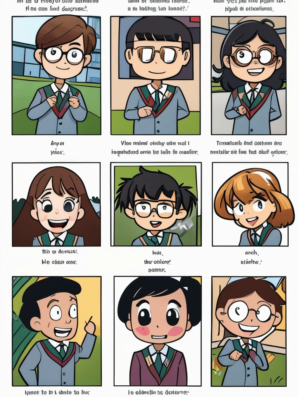 Make a school inclusion comic with drawings and reactions 