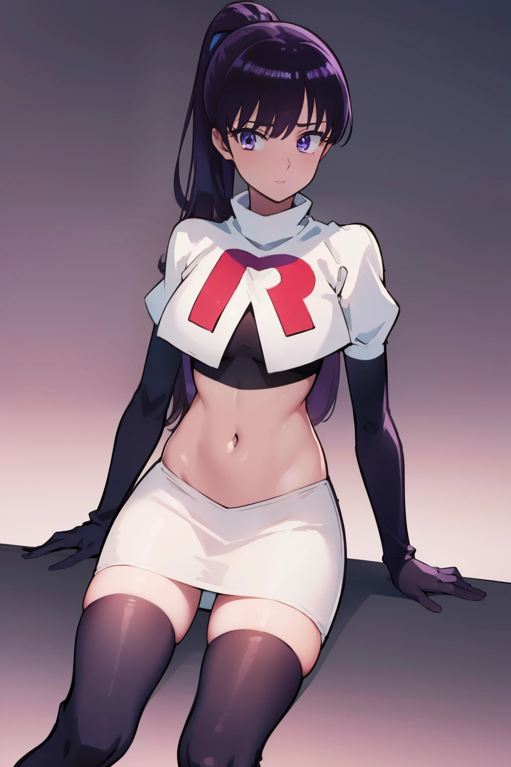 akiratachibana, akira tachibana, long hair, bangs, black hair, (purple eyes:1.1),
BREAK ponytail, team rocket,team rocket uniform,white skirt,red letter R,crop top,black thigh-highs,black elbow gloves
BREAK looking at viewer,
BREAK (masterpiece:1.2), best quality, high resolution, unity 8k wallpaper, (illustration:0.8), (beautiful detailed eyes:1.6), extremely detailed face, perfect lighting, extremely detailed CG, (perfect hands, perfect anatomy),